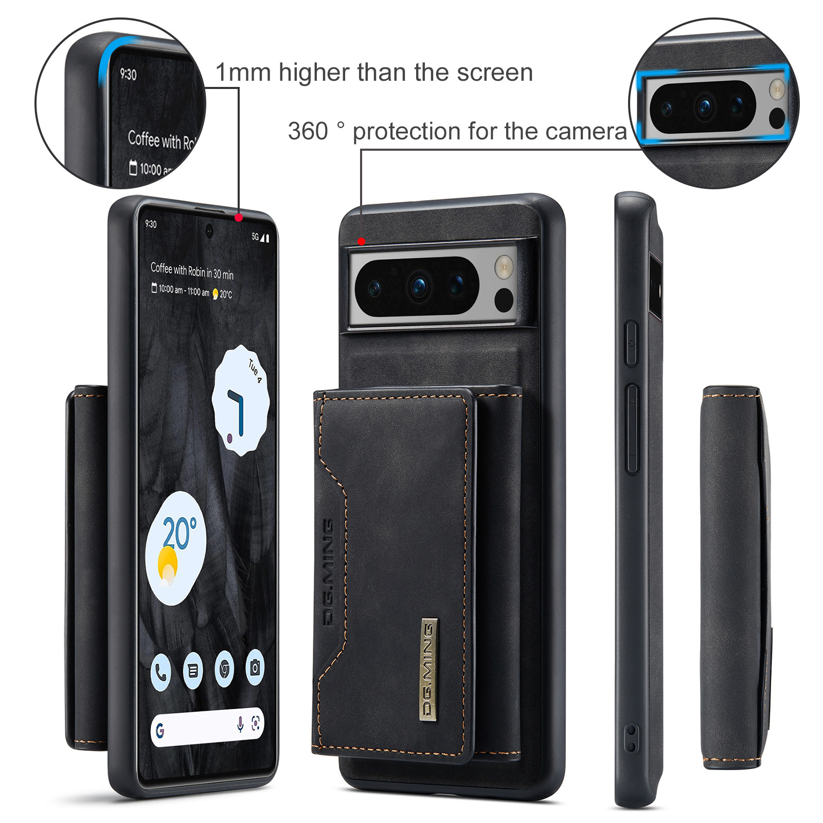 Una custodia nera per telefono con portafoglio attaccato. Il telefono mostra uno schermo con icone di app e un orario di 9:30.