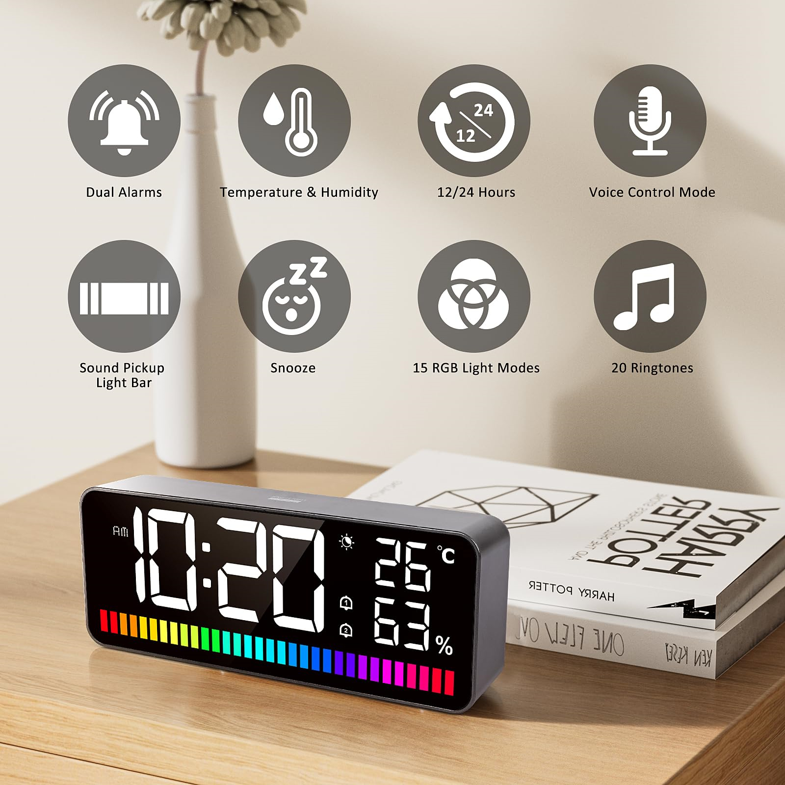 Digitaluhr mit der Anzeige 10:20, mit Temperatur und Feuchtigkeit, umgeben von Funktionssymbolen.