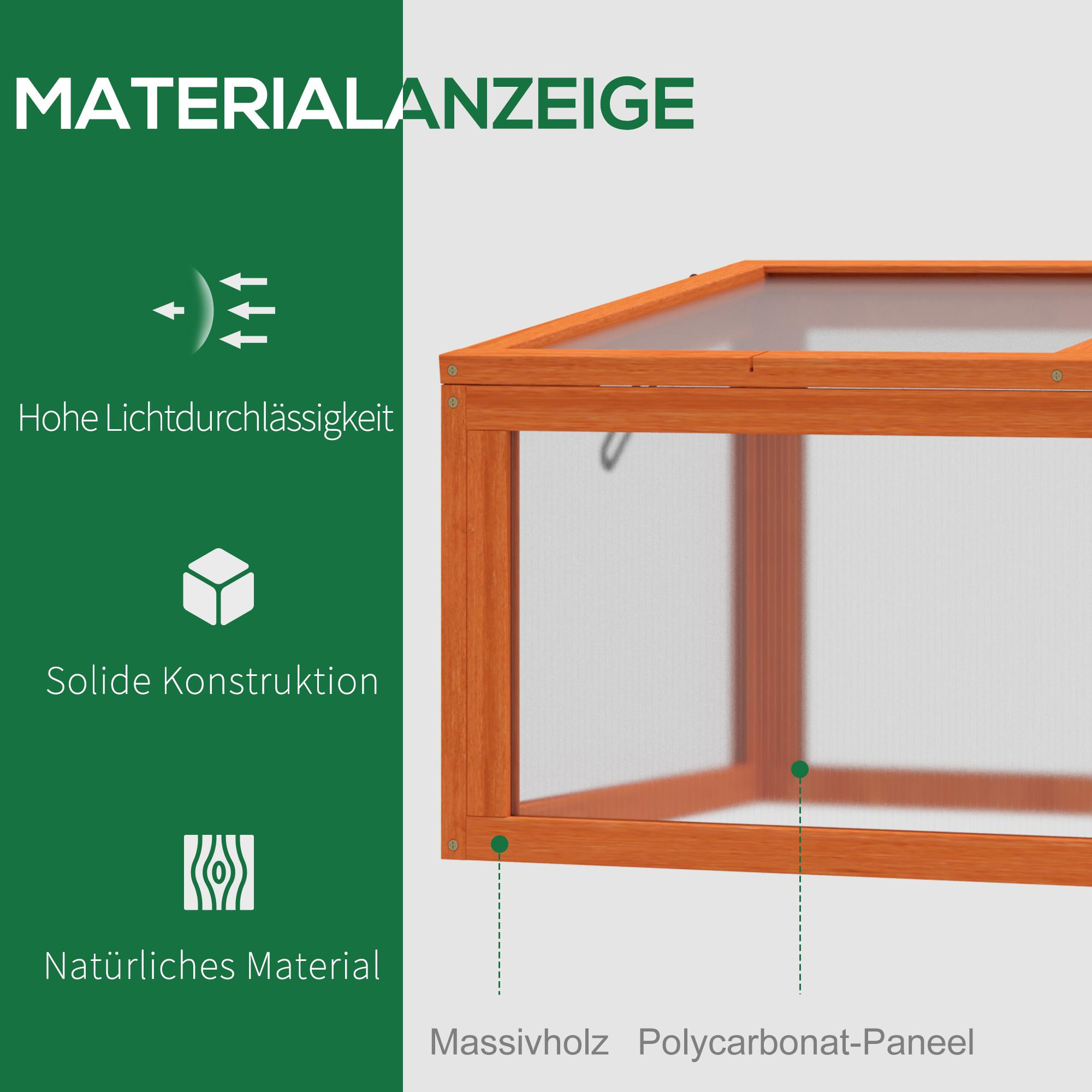 Werbung zeigt ein hölzernes Gewächshaus mit grünem Hintergrund und Text auf Deutsch. Es hebt Material und Eigenschaften hervor.