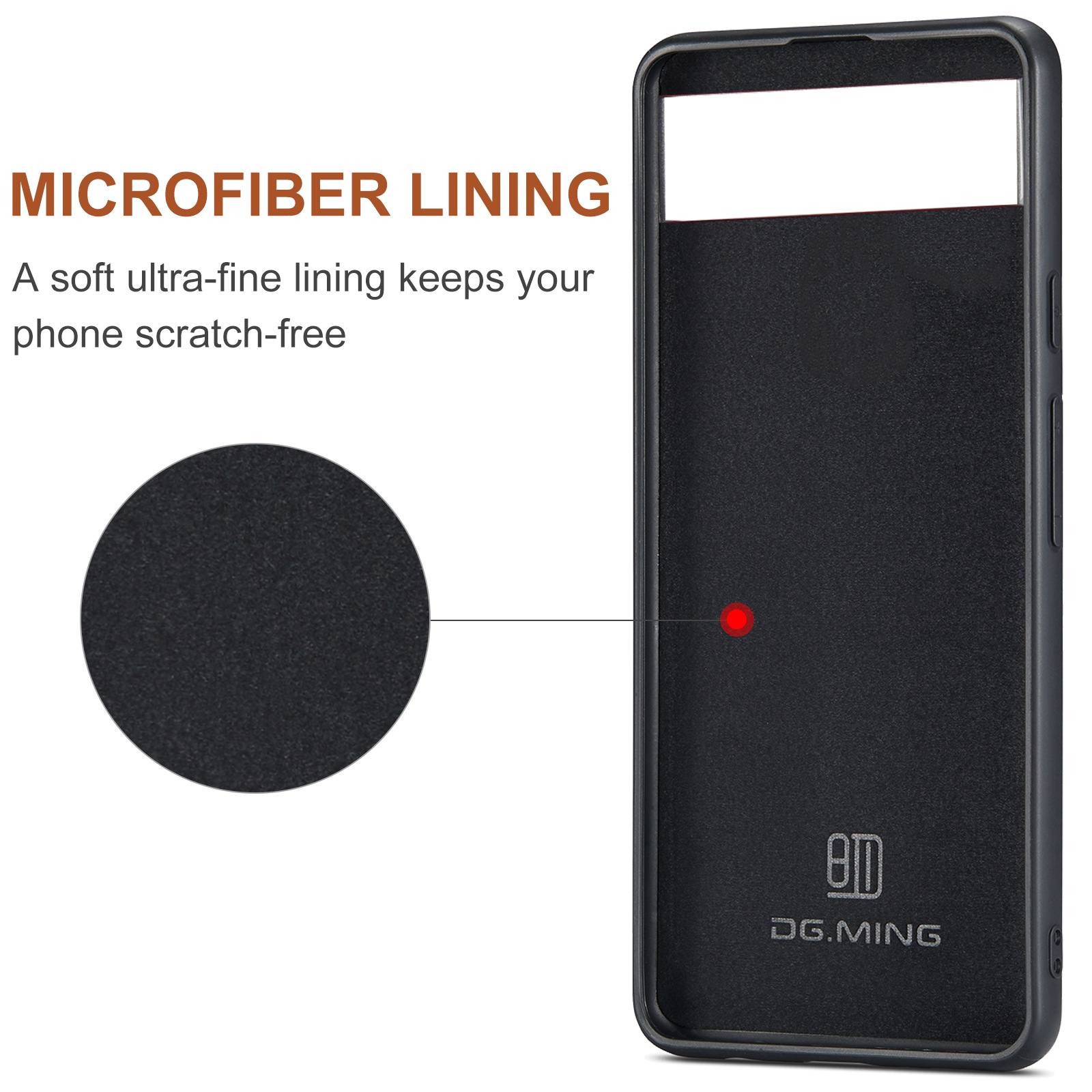Schwarze Handyhülle mit weißem Bereich oben. Nahaufnahme des Futters und Text: MICROFIBER LINING, DG.MING.