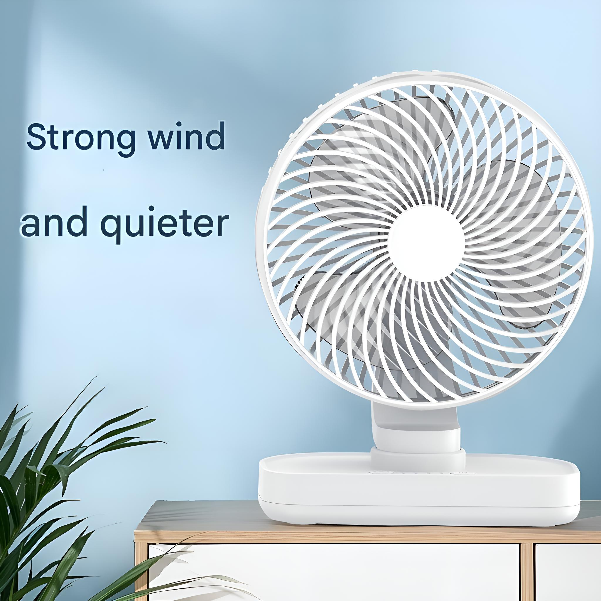 Weißer Ventilator auf weißer Basis mit blauem Hintergrund. Text: „Starker Wind und leiser“. Links eine Pflanze.