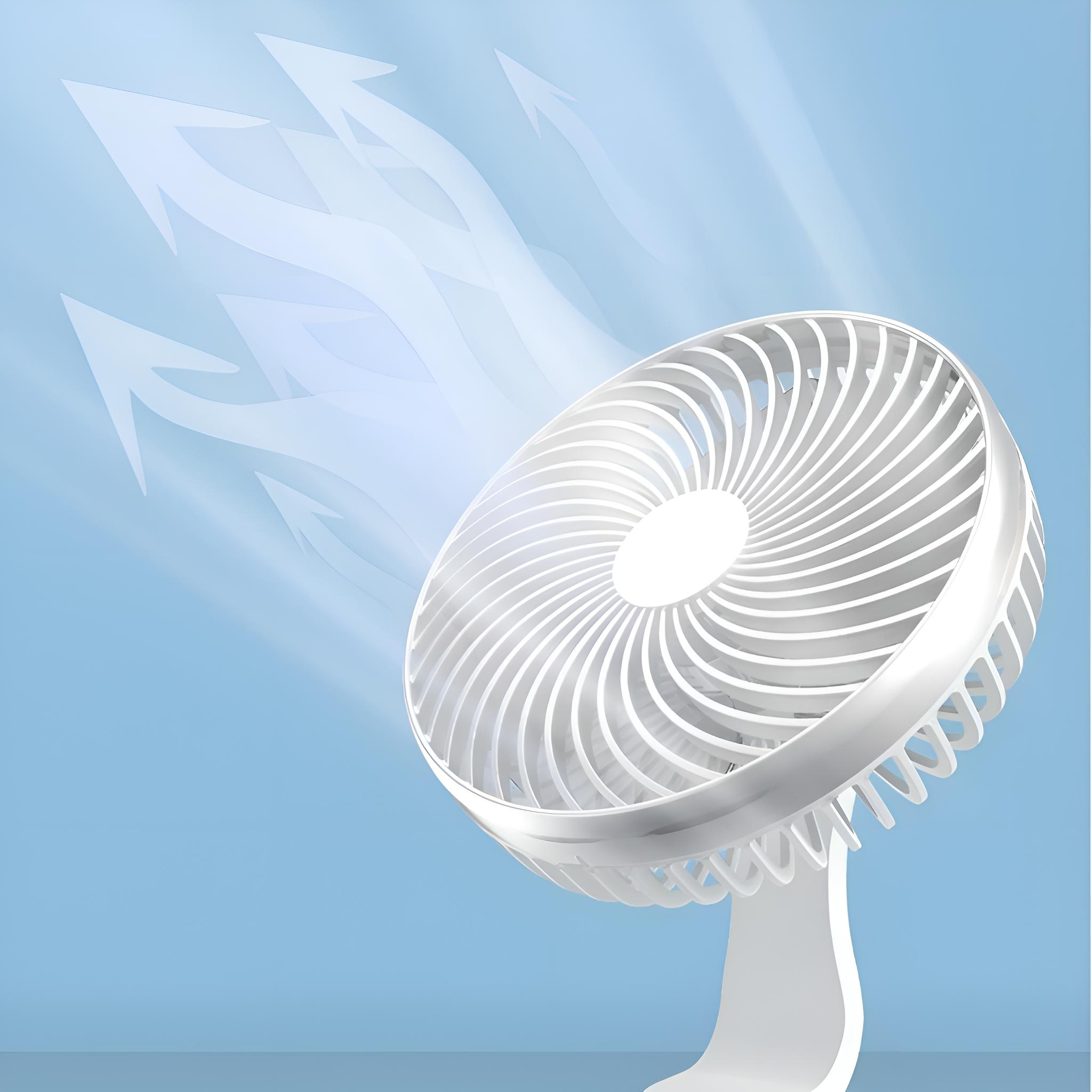 Weißer Ventilator mit Pfeilen auf blauem Hintergrund, der Luftstrom andeutet. Der Ventilator ist im Fokus.