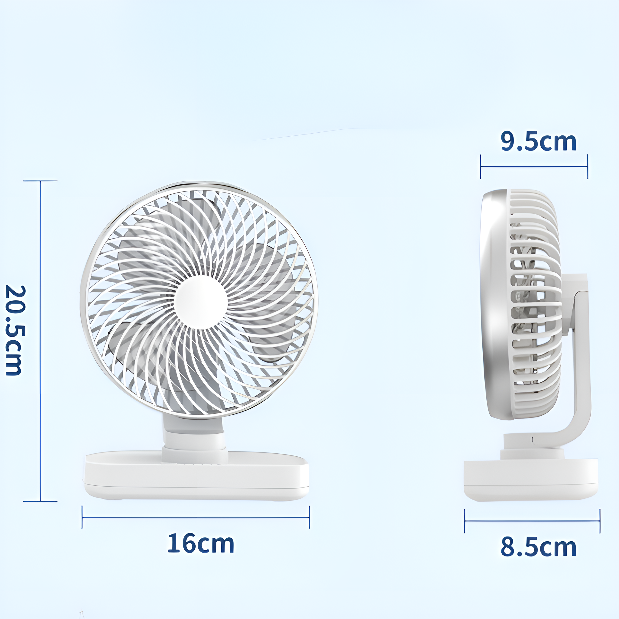 Weißer Schreibtischventilator, aus verschiedenen Blickwinkeln mit Abmessungen gezeigt. Er hat einen kreisförmigen Fankopf und eine rechteckige Basis.