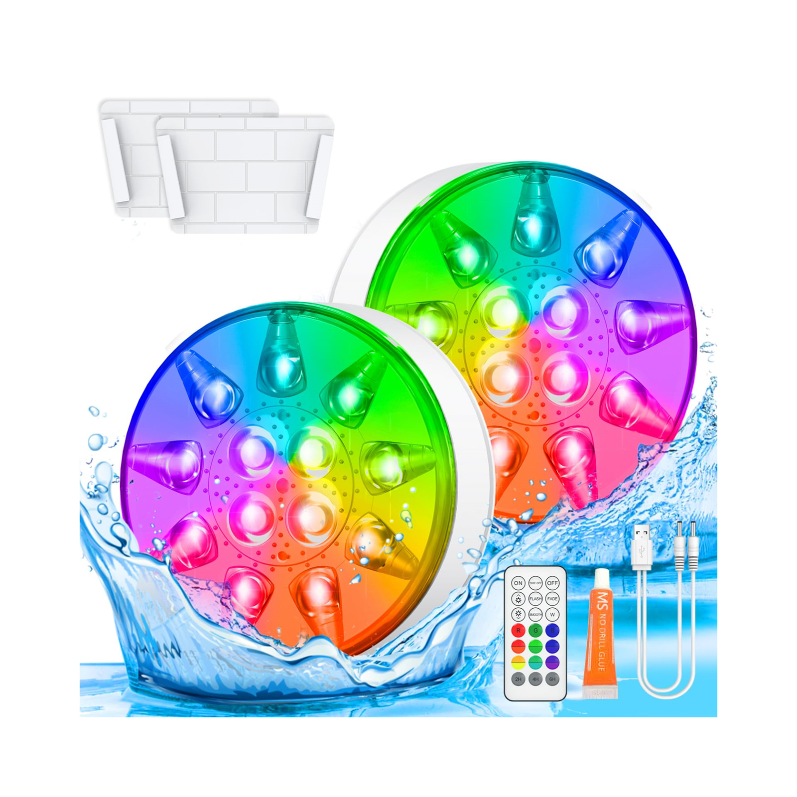 Zwei runde, farbenfrohe LED-Leuchten mit Fernbedienung. Wasserspritzeffekt. Zubehör umfasst Kleber, USB- und Netzkabel.