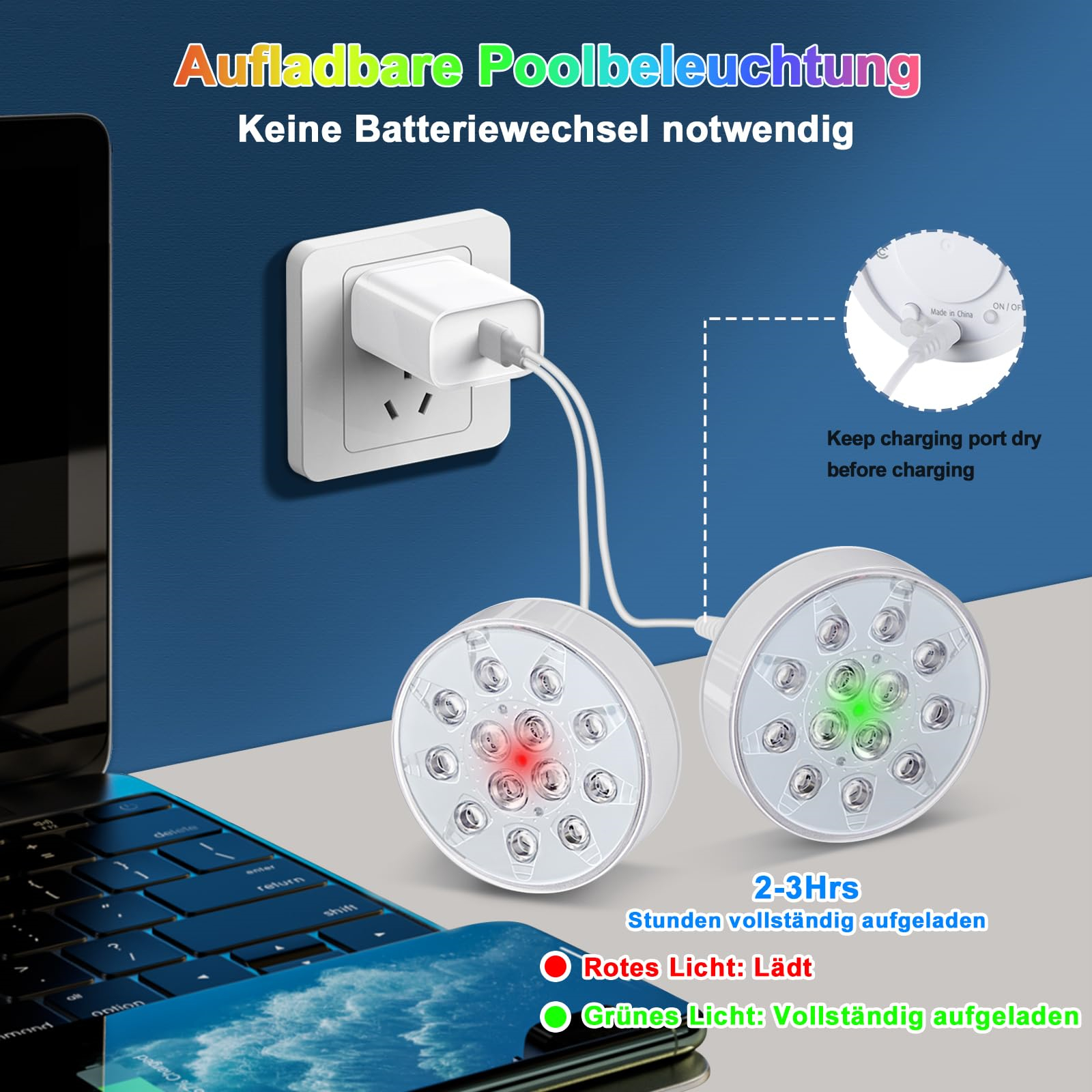 Weiße Poolleuchten mit rot/grünen Anzeigen, Aufladen über einen Adapter, verbunden mit einem Laptop.