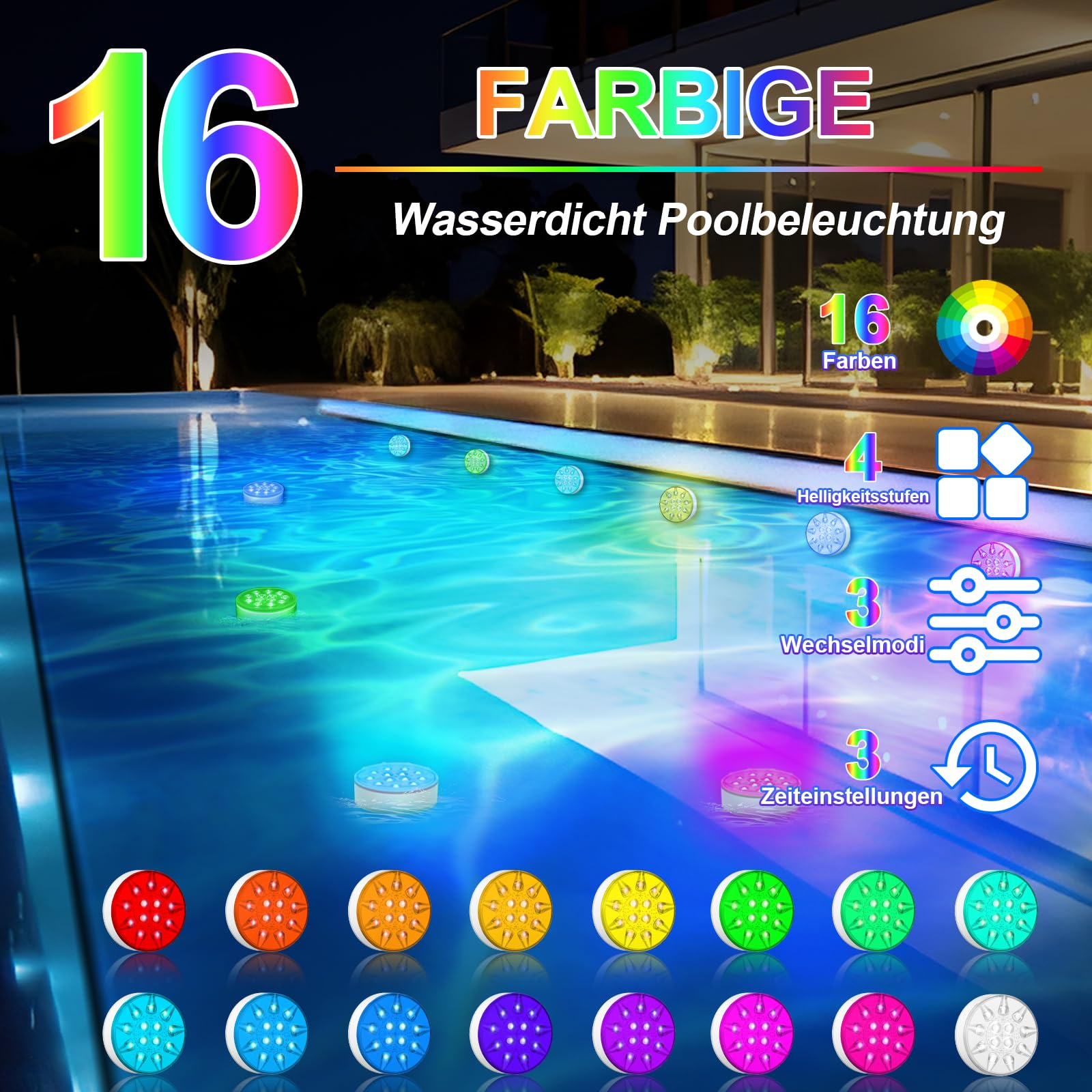 Das Bild zeigt Poolleuchten mit verschiedenen Farben und Einstellungen, einschließlich Farboptionen und Helligkeitsstufen.
