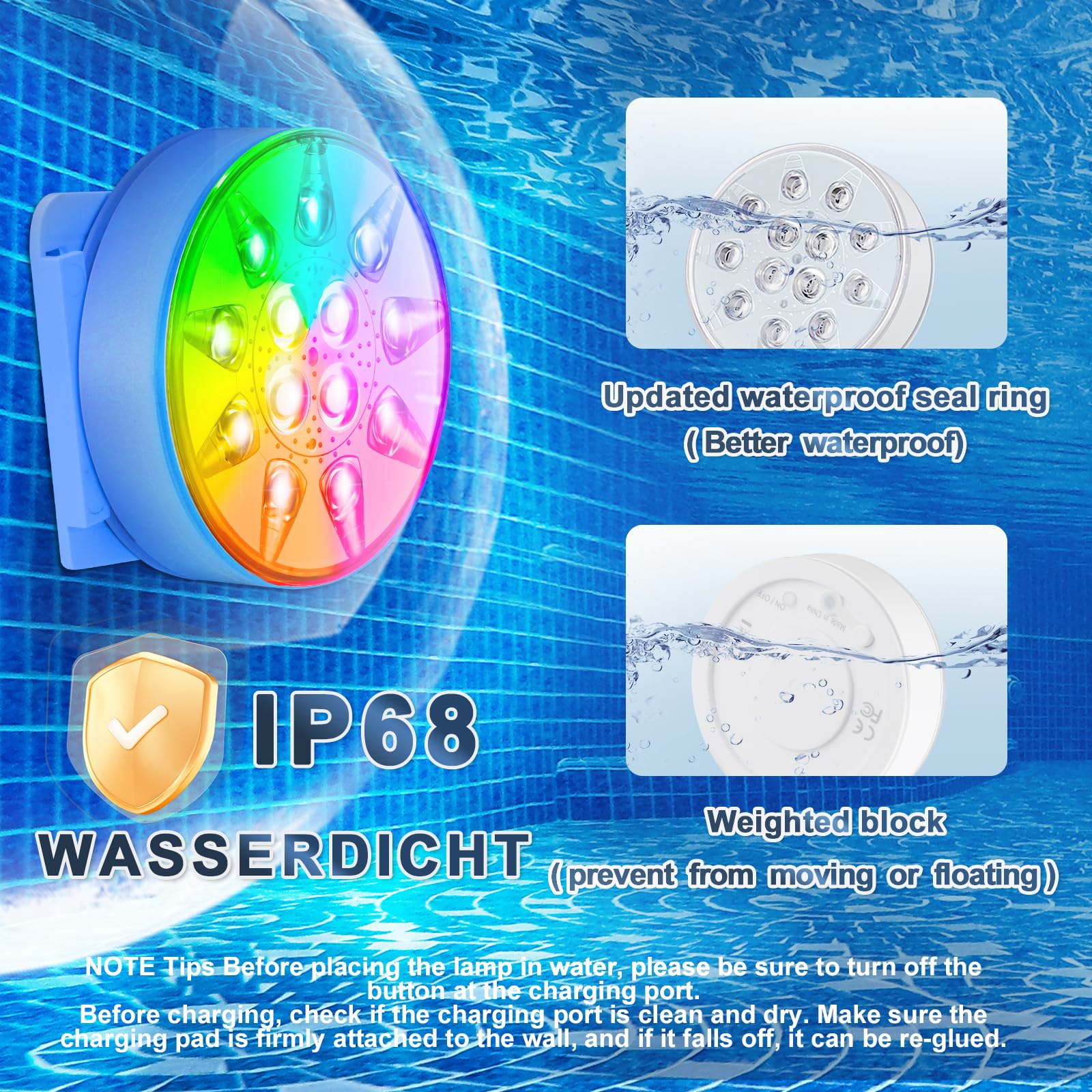 Eine bunte Unterwasserleuchte mit Etiketten, die wasserdichte Eigenschaften zeigen, einschließlich Ring und Block.