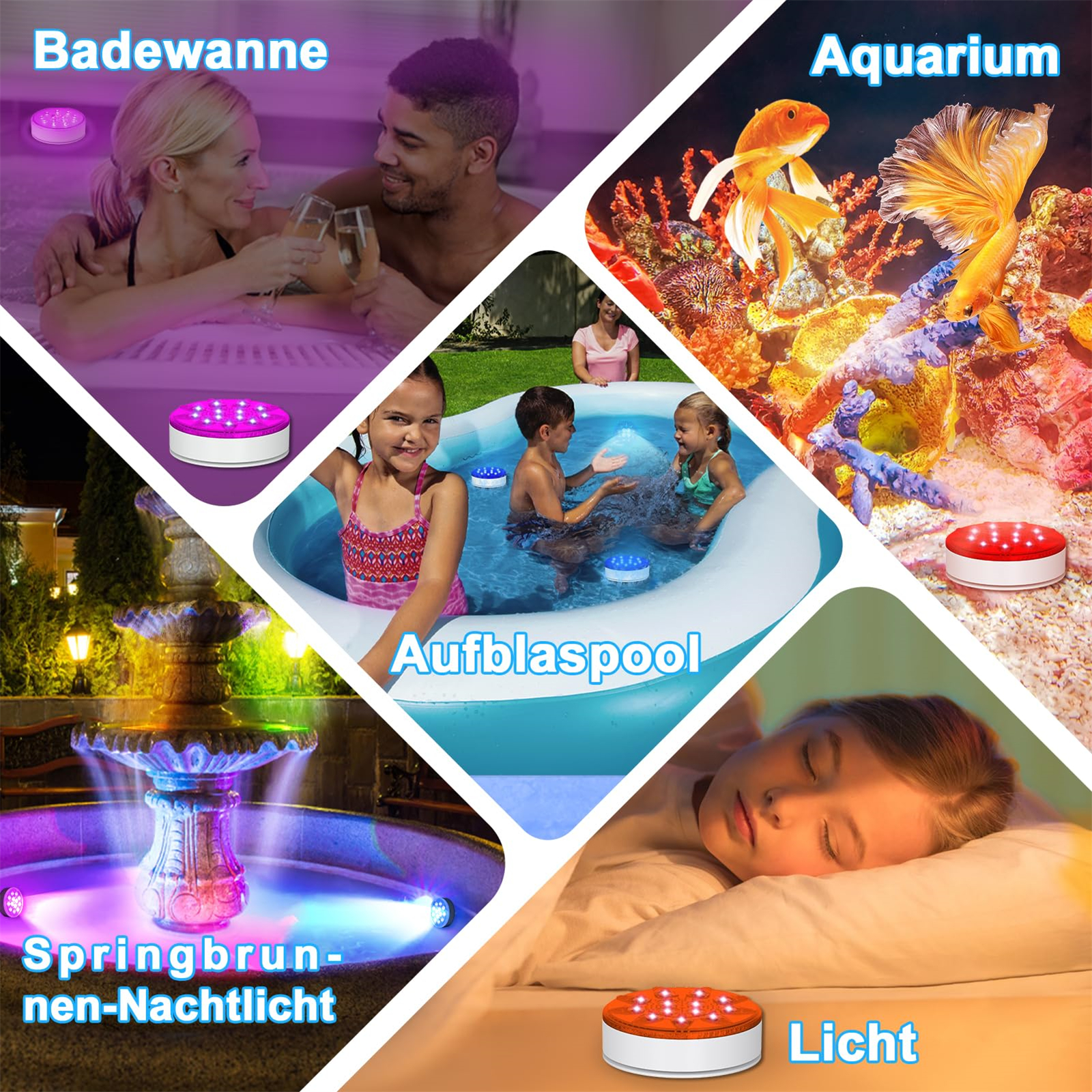 Das Bild zeigt Szenen: Paar im Whirlpool, Fische im Aquarium, Kinder im Pool, Brunnen bei Nacht und schlafendes Mädchen mit Licht.