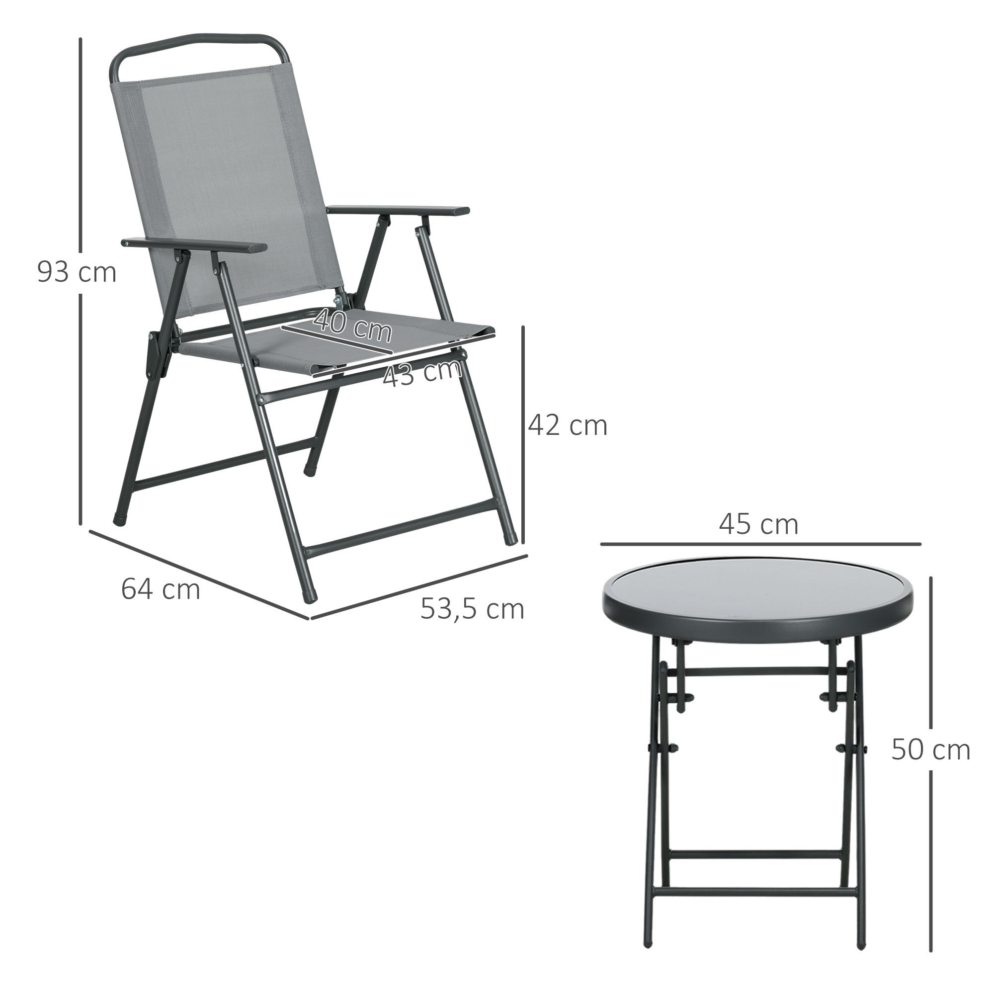 Ein grauer Klappstuhl mit grauem Netzrücken und ein kleiner runder Tisch mit Glasplatte werden gezeigt.