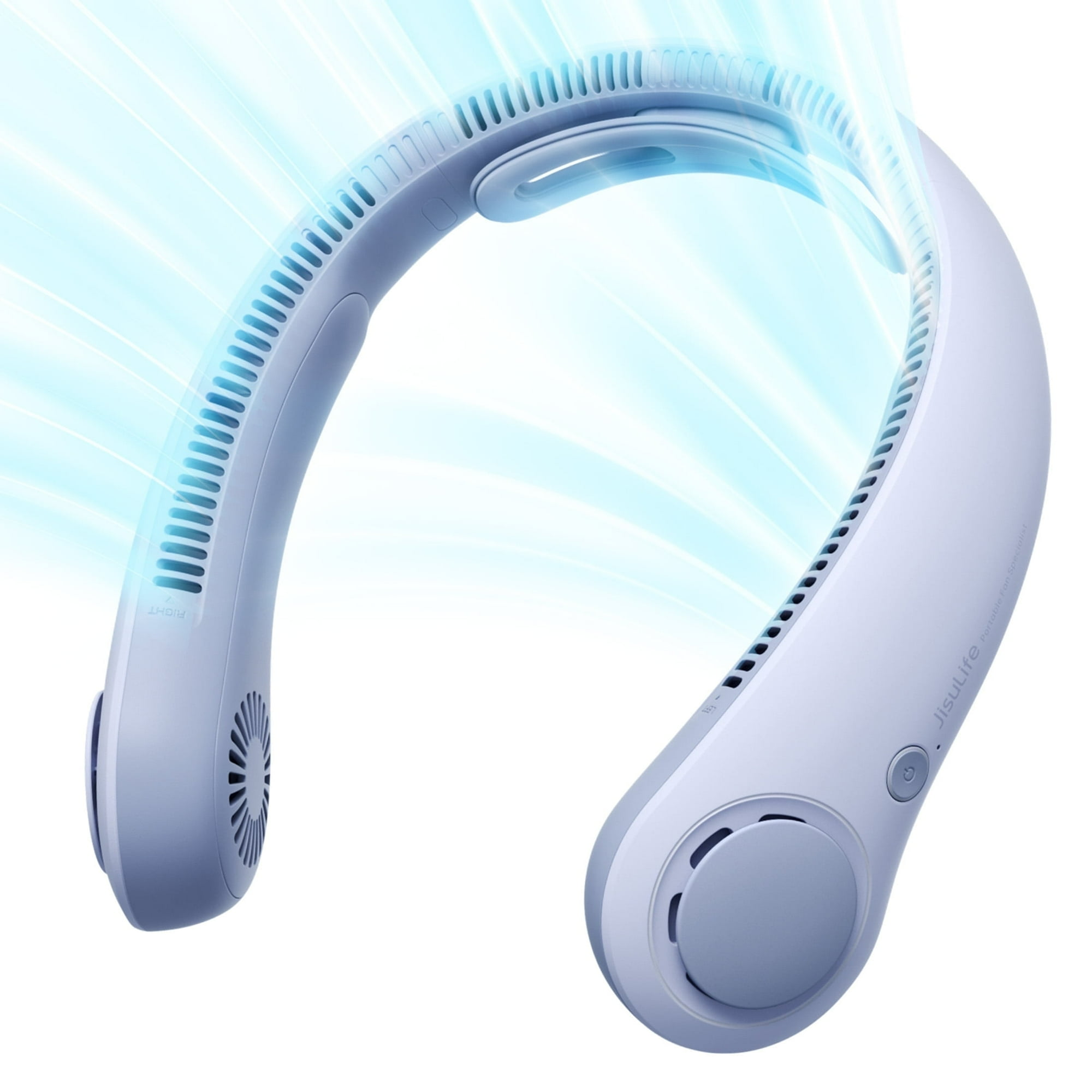 Ein hellblaues Nackenventilator mit Luftstromeffekt. Es hat ein kreisförmiges Design mit Lüftungsschlitzen, Ein-Aus-Taste und dem Logo 'JisuLife'.