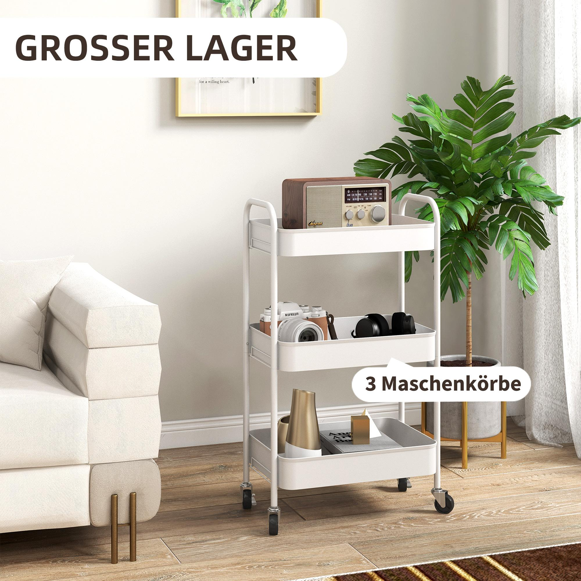 Ein weißer Rollwagen mit Gegenständen auf Regalen, eine Pflanze und ein Sofa. Der Text 'GROSSER LAGER' ist sichtbar.