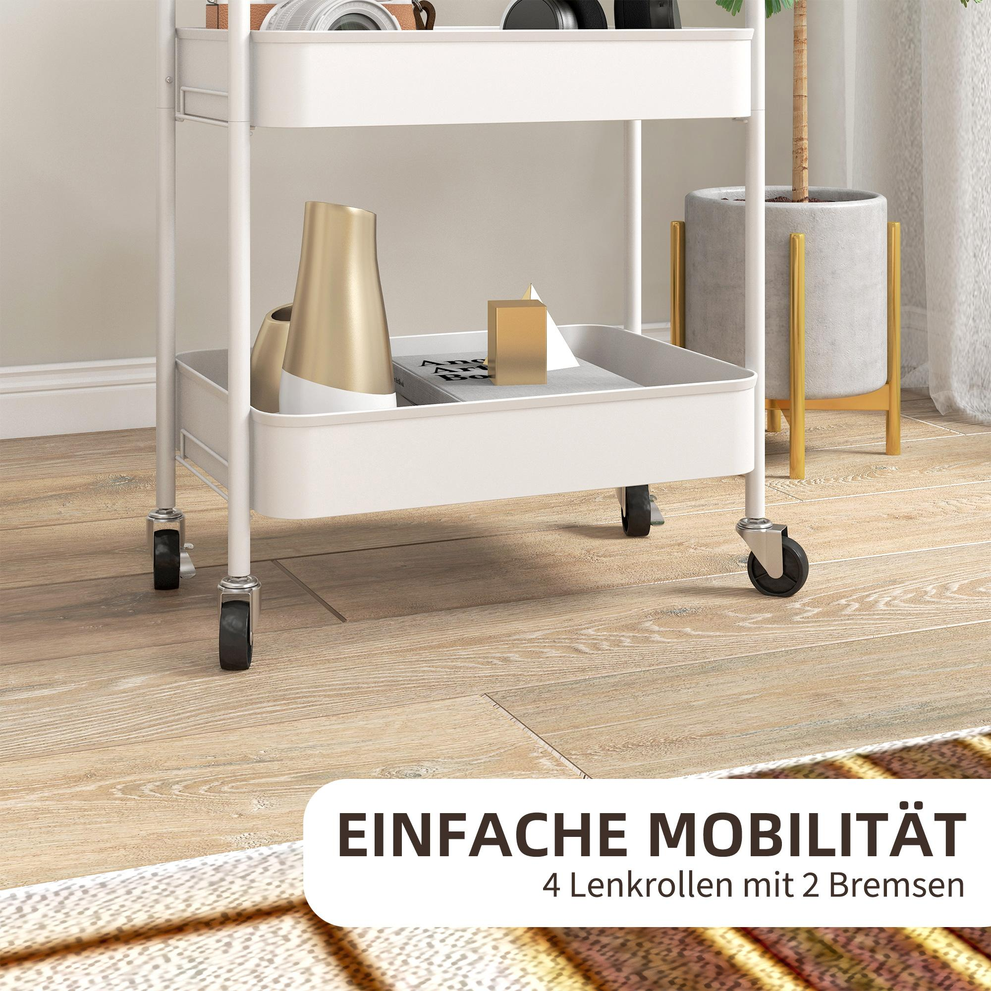 Weißer Rollwagen mit Gegenständen auf den Regalen, darunter Vasen und ein Blumentopf. Der Boden ist aus Holz. Der Text lautet: EINFACHE MOBILITÄT.