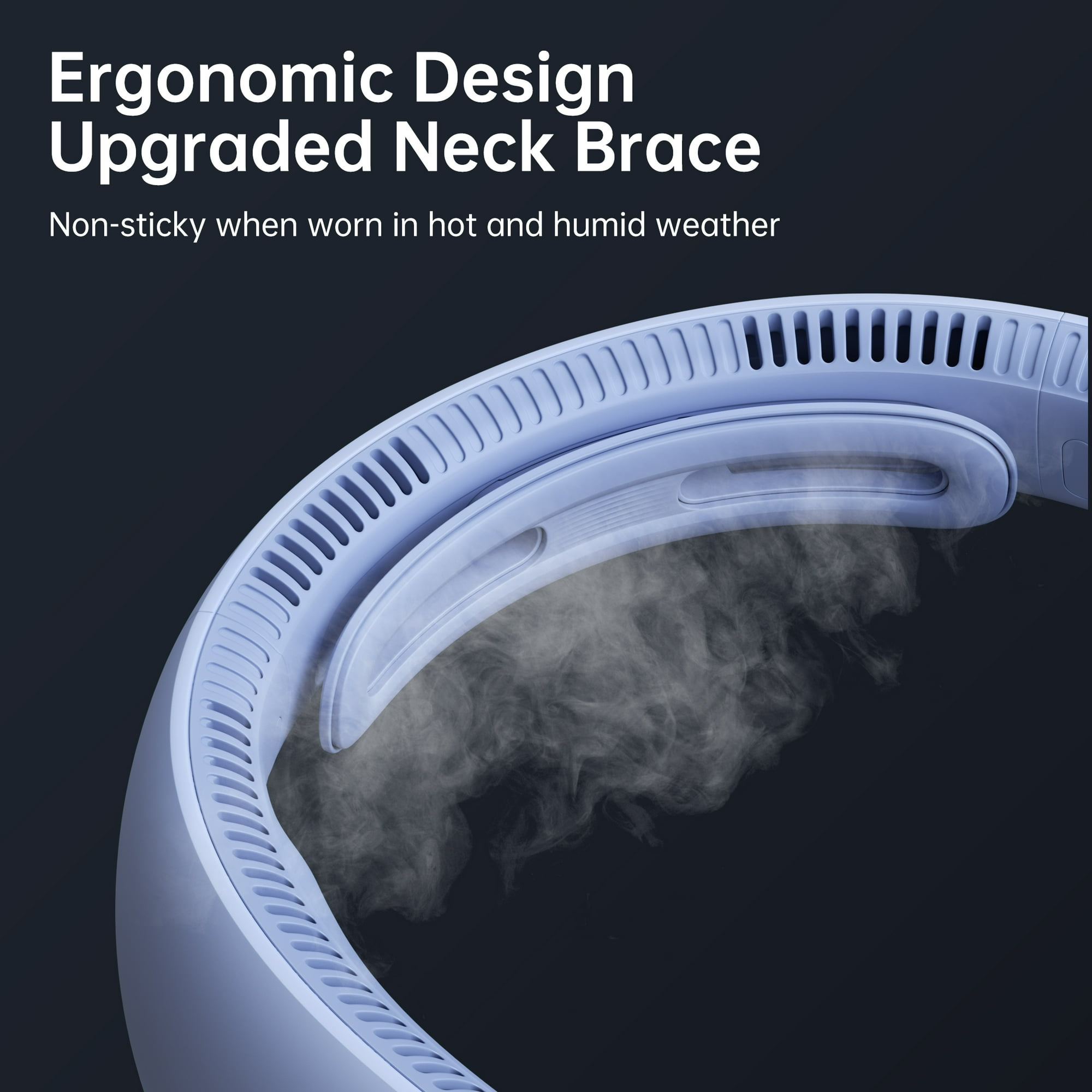 Eine hellblaue Nackenstütze mit Rauch auf schwarzem Hintergrund. Der Text lautet: Ergonomisches Design, verbesserte Nackenstütze.
