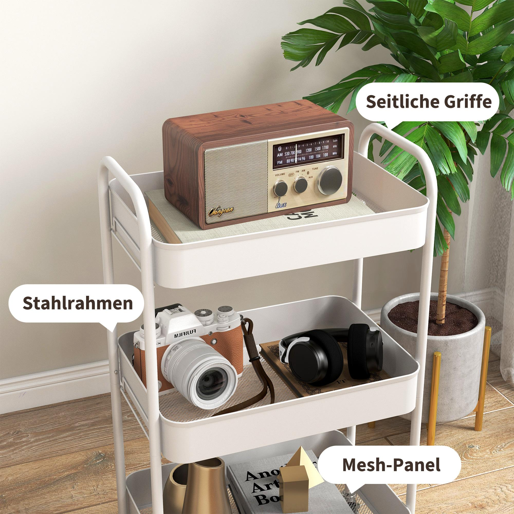 Ein weißer Wagen mit Objekten: ein Radio, eine Kamera, Kopfhörer, Bücher und eine Pflanze im Hintergrund. Der Wagen hat ein Mesh-Panel.
