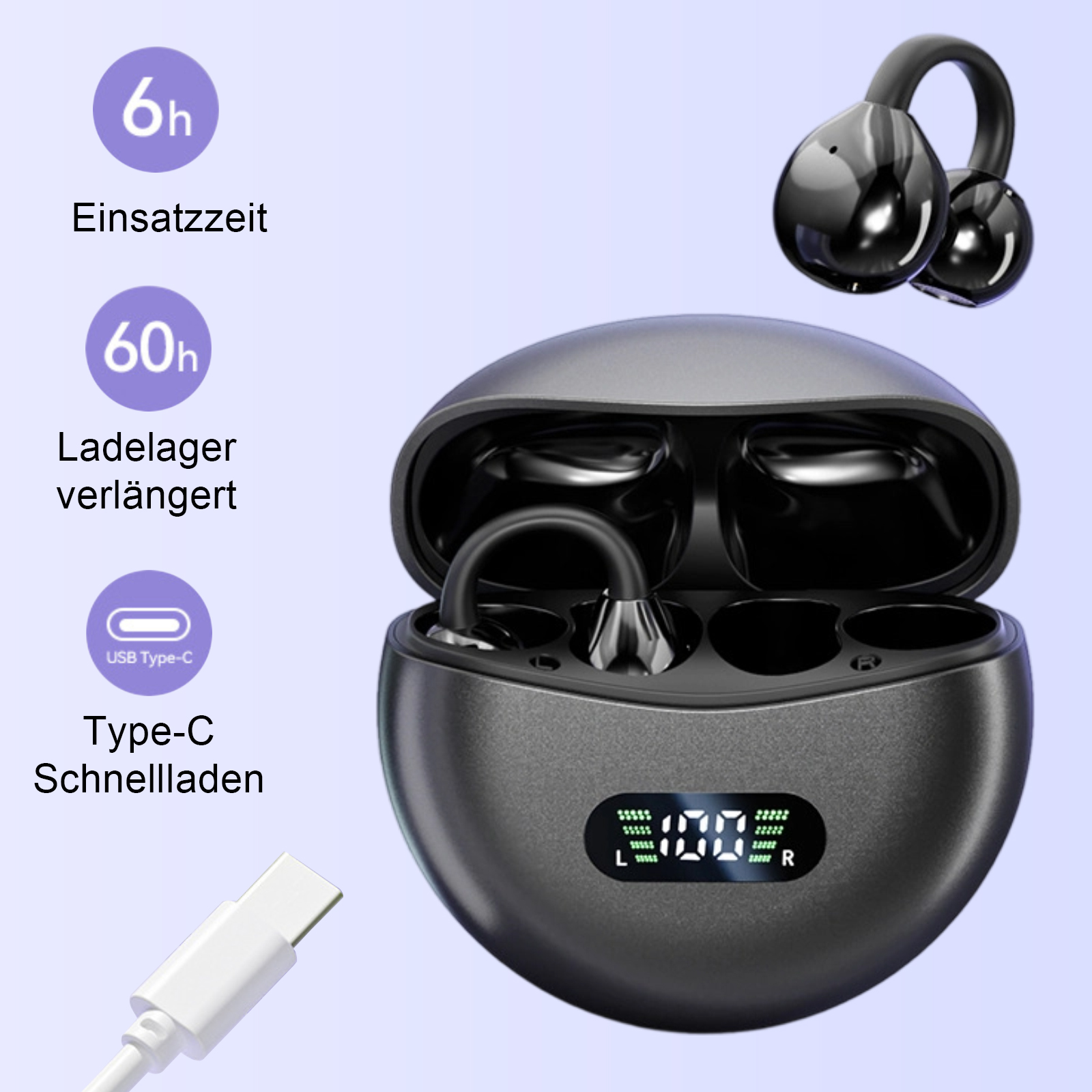 Ohrhörer in einem Ladeetui, USB-C-Kabel und Symbole. Digitalanzeige zeigt 100%. Ohrhörer sind schwarz.