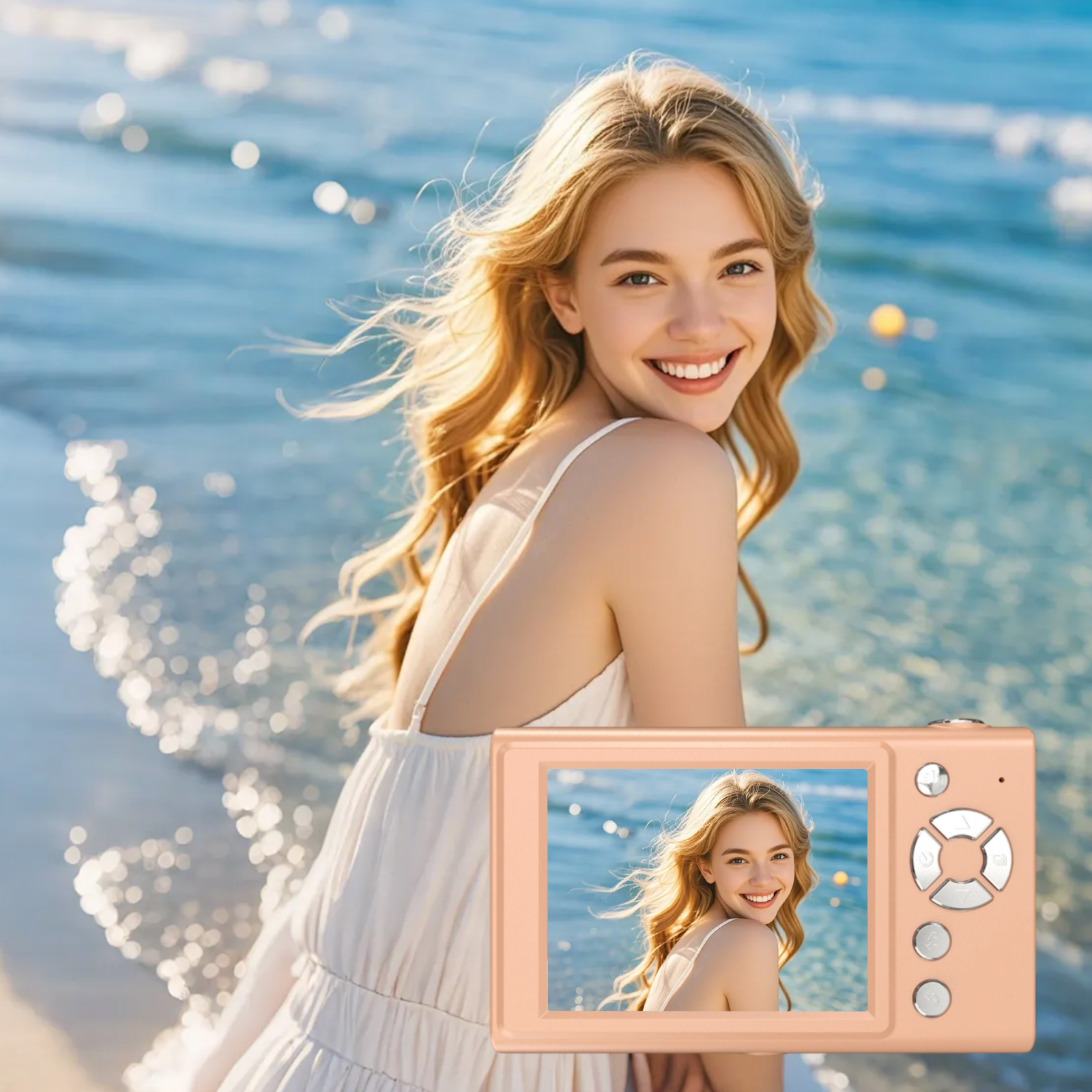 Blonde Frau lächelt am Strand. Sie hält eine Kamera mit ihrem Porträt. Der Hintergrund ist das blaue Meer.