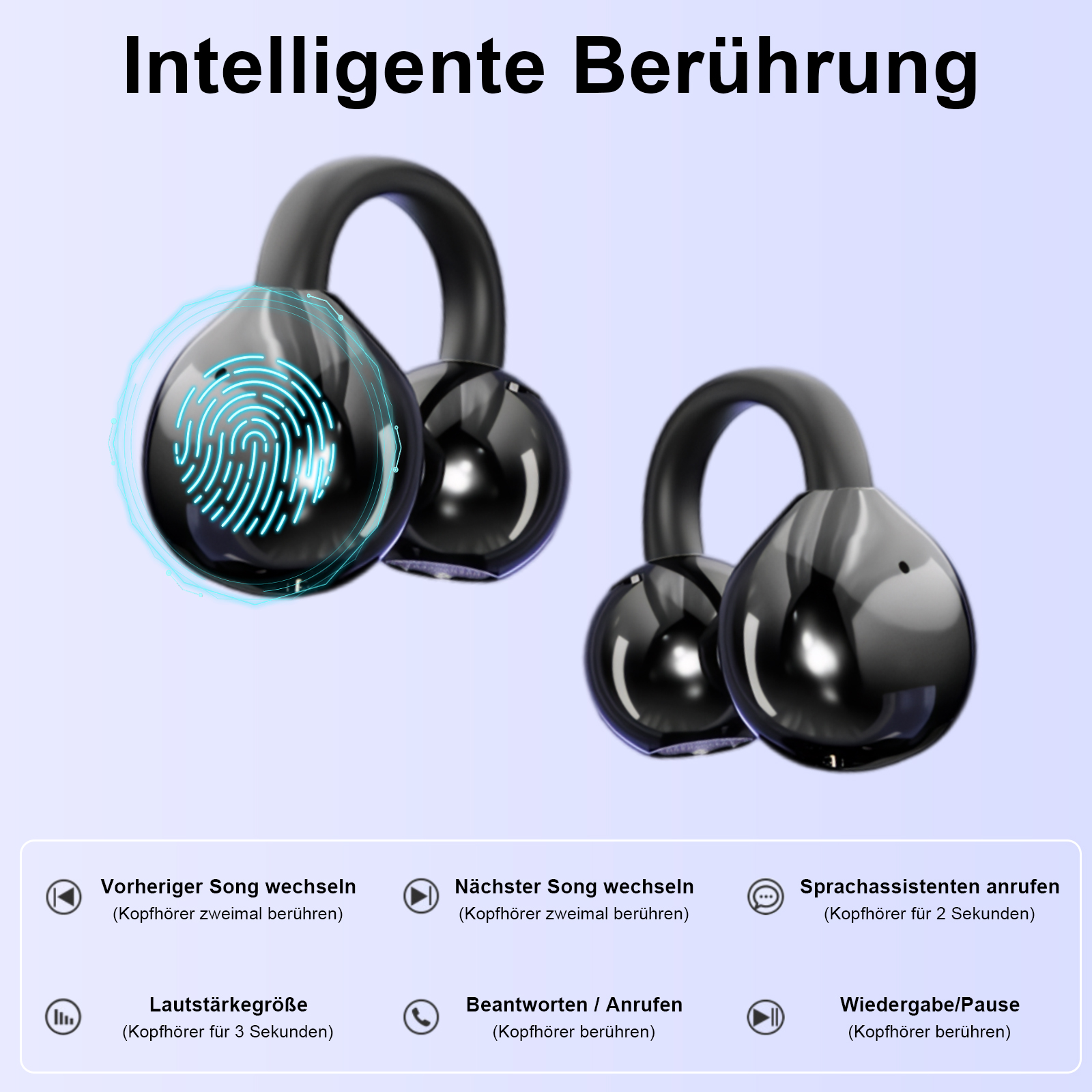 Schwarze Ohrhörer mit Fingerabdruckgrafik, der Phrase "Intelligente Berührung" und Funktionssymbolen.