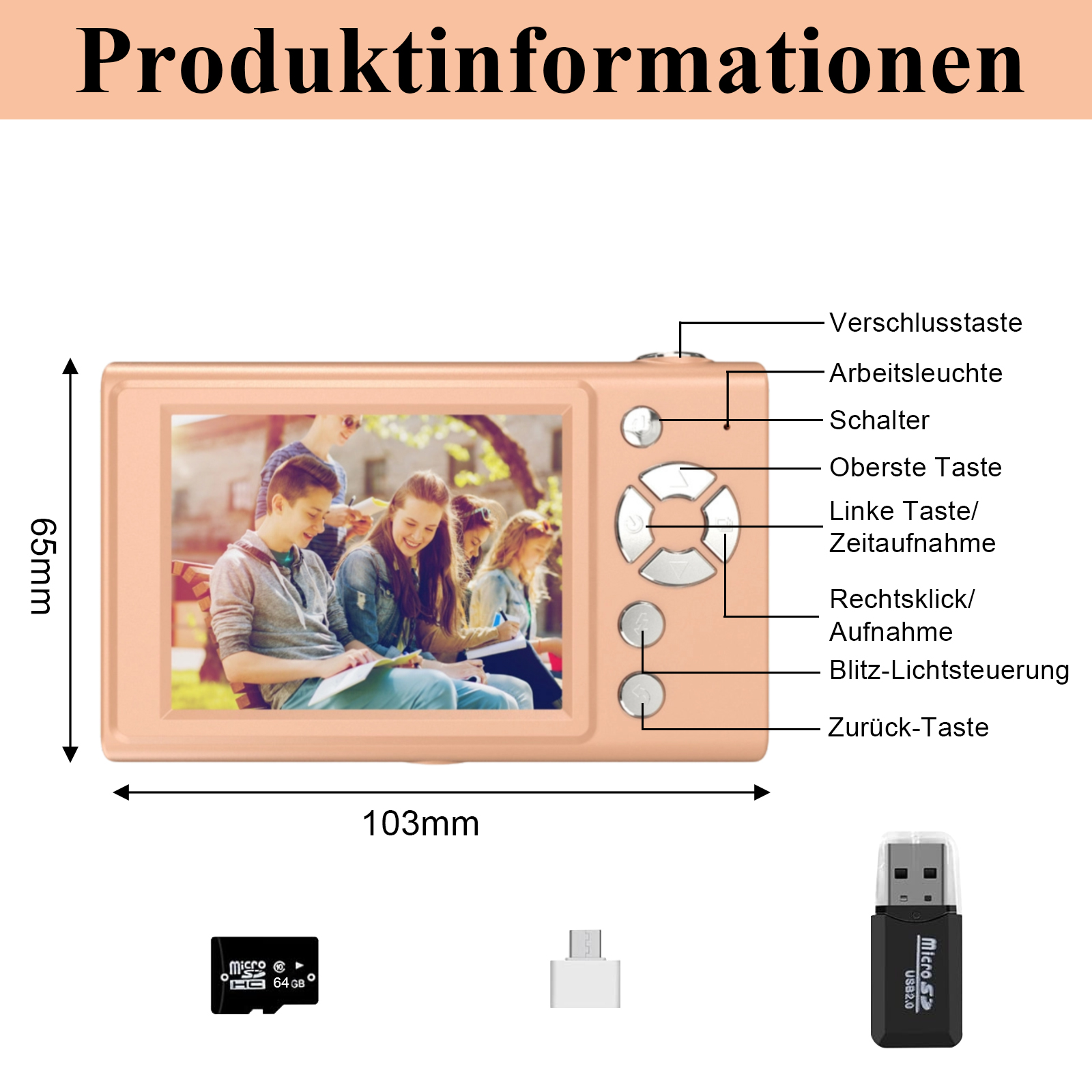 Eine pfirsichfarbene Digitalkamera zeigt eine Gruppe von Personen auf einem Bildschirm. Es gibt eine Speicherkarte, einen Adapter und einen USB-Leser.
