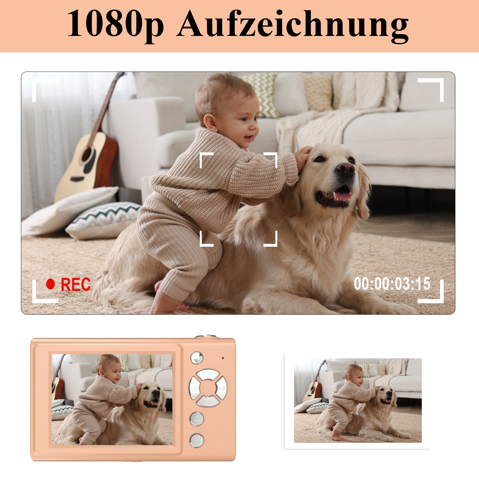 Ein Baby in beiger Kleidung sitzt auf einem Golden Retriever und streichelt seinen Kopf. Die Szene ist ein Wohnzimmer.