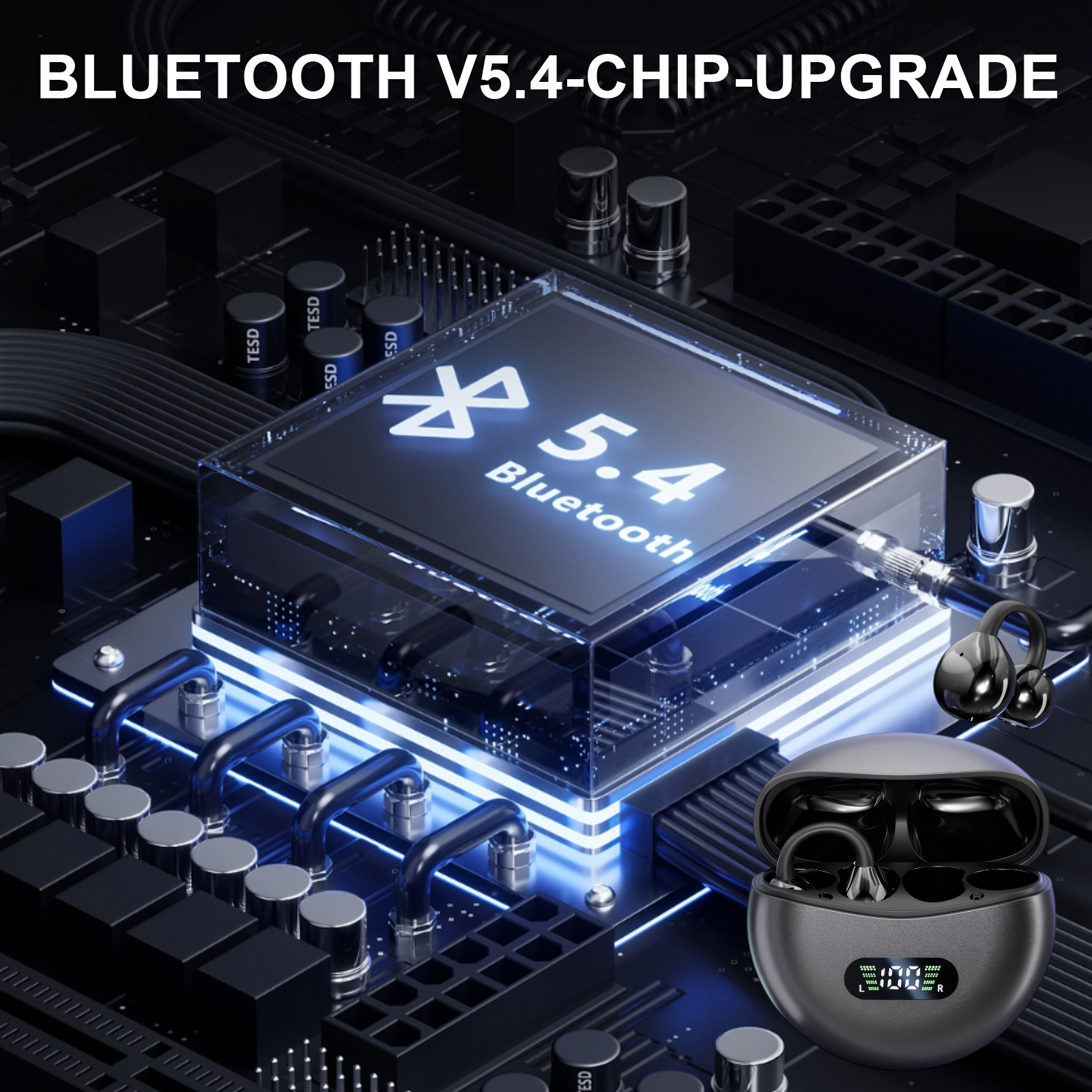Das Bild zeigt einen Bluetooth-Chip, Ohrhörer und ein Ladeetui. Der Text besagt Bluetooth 5.4 Upgrade.