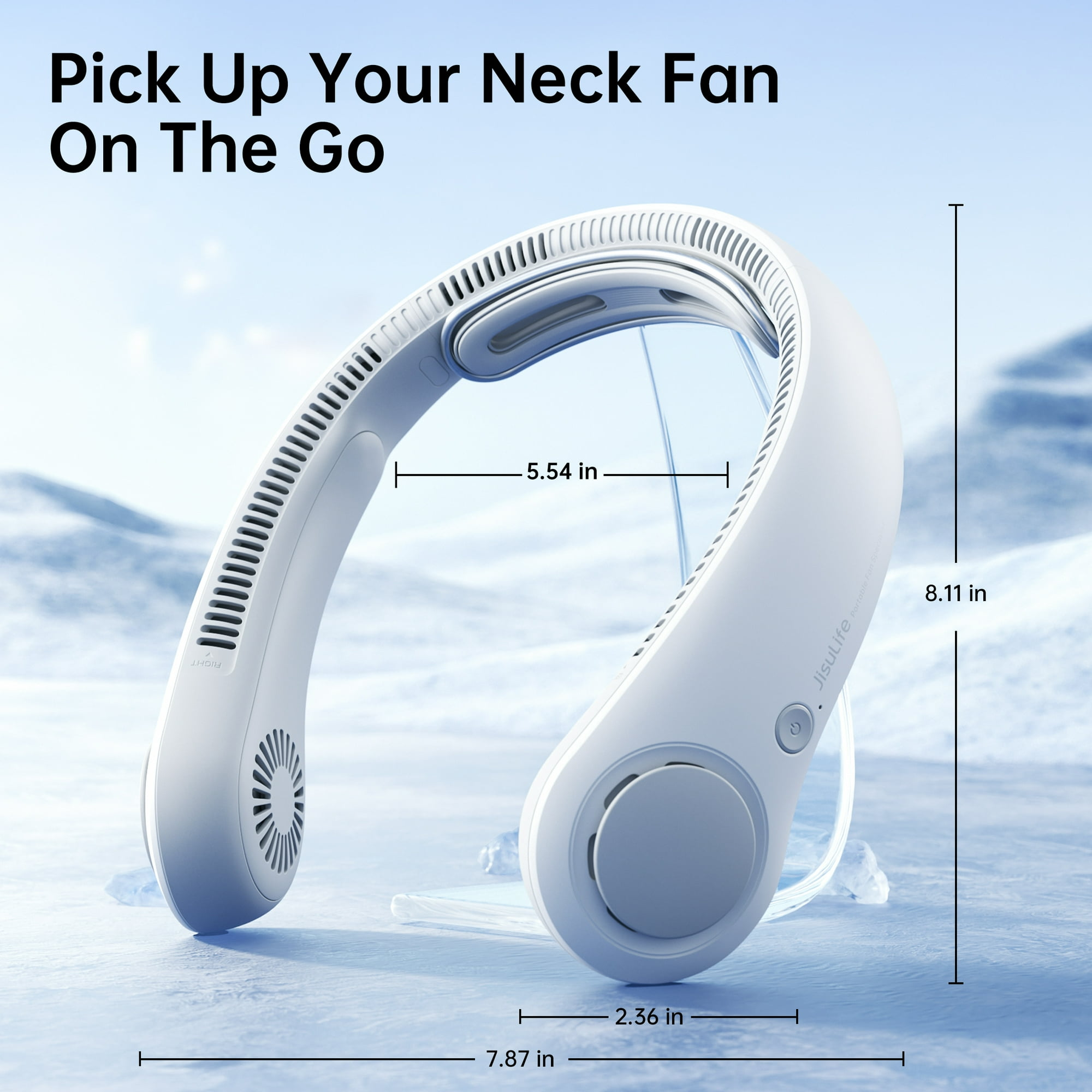 Ein weißer Nackenfächer mit Maßen, auf hellblauem Hintergrund, mit Text: Pick Up Your Neck Fan On The Go.