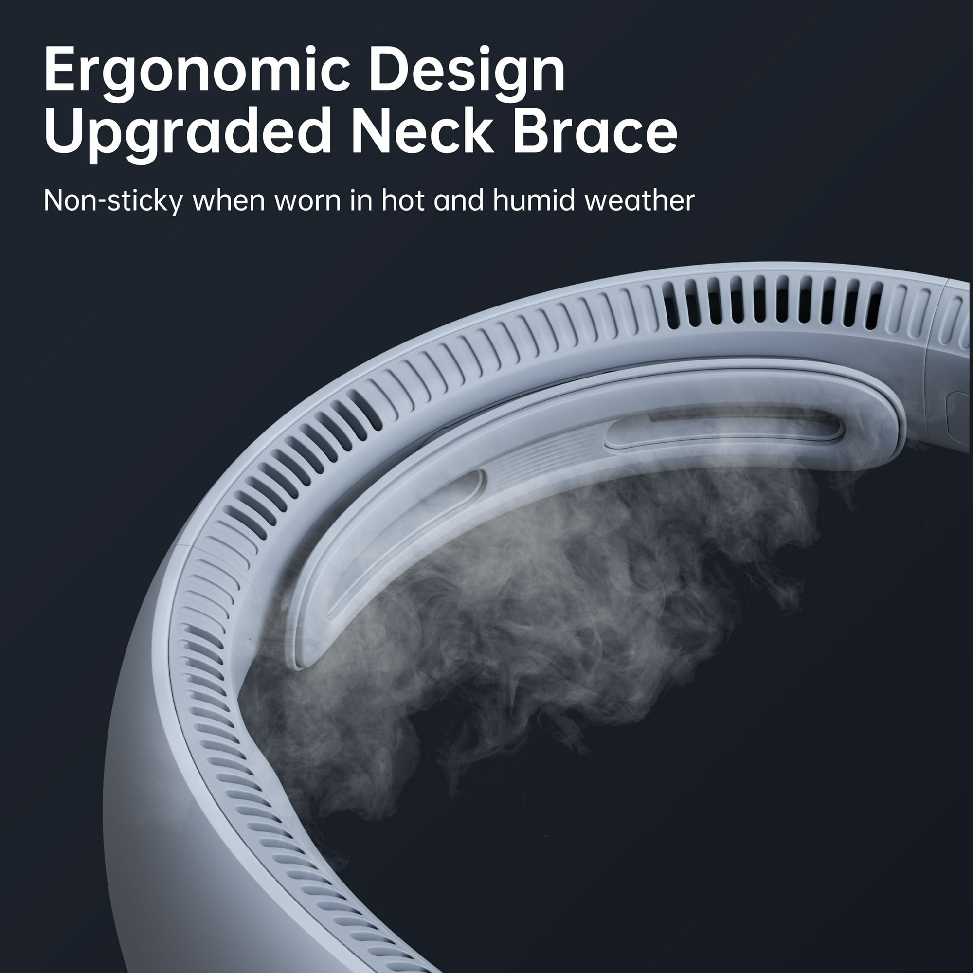 Eine weiße Nackenstütze mit Belüftungsöffnungen und ergonomischem Design vor dunklem Hintergrund mit Text.