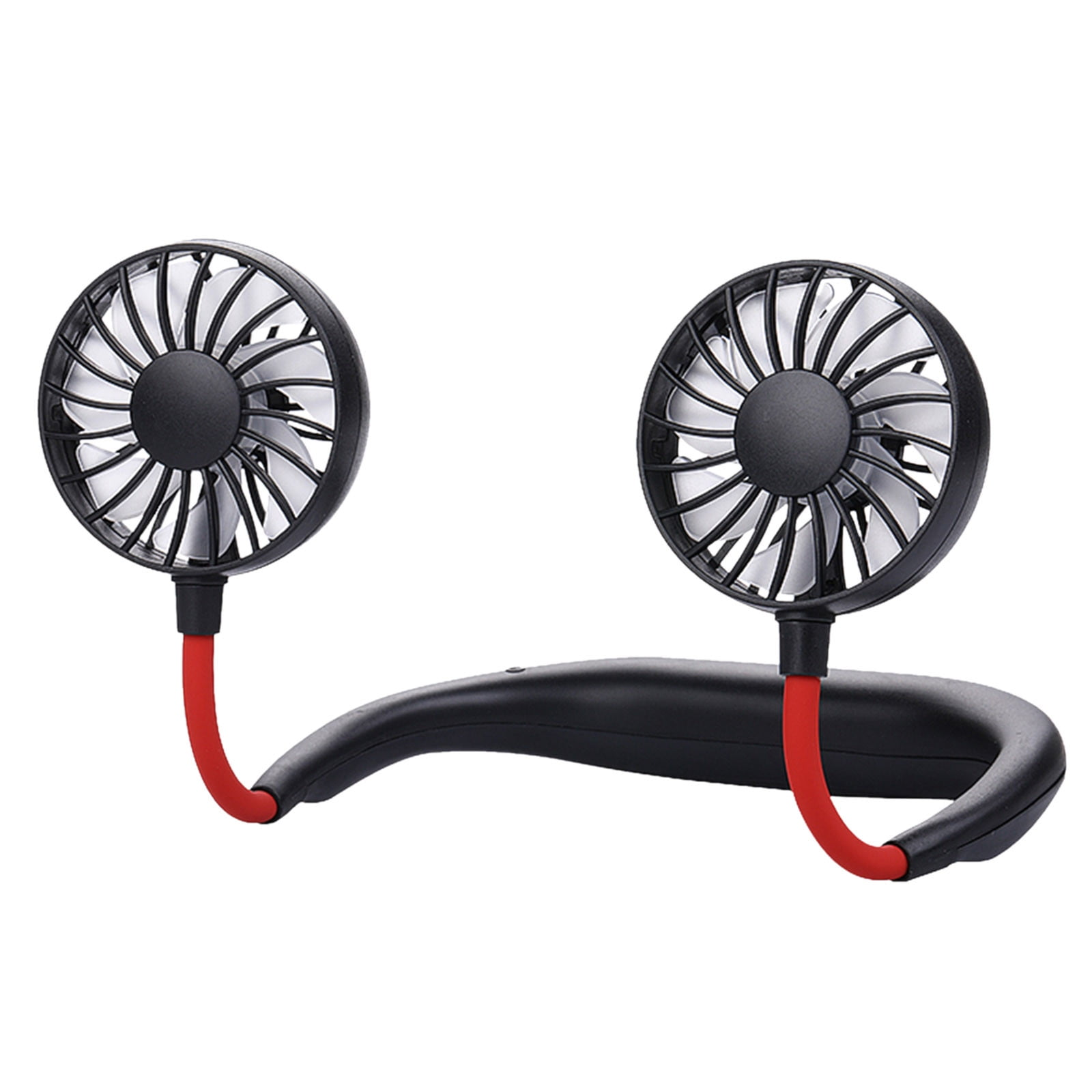 Nackenbandventilator mit zwei schwarzen Lüftern und roten Halterungen. Die Basis ist schwarz und um den Hals gebogen.