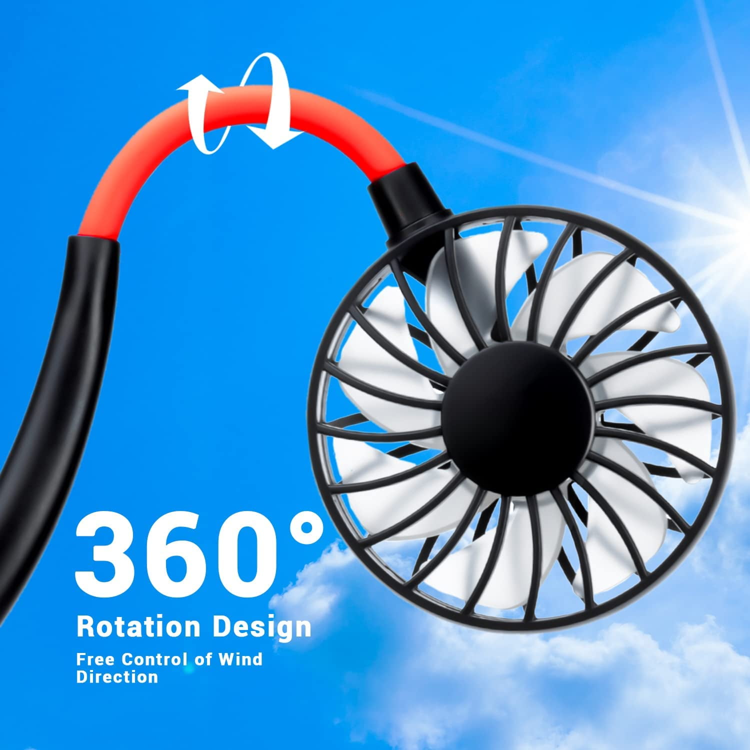 Ein tragbarer Ventilator mit schwarzen und roten Akzenten, weißen Flügeln und einem 360°-Rotationsdesign, vor blauem Himmel mit Wolken.
