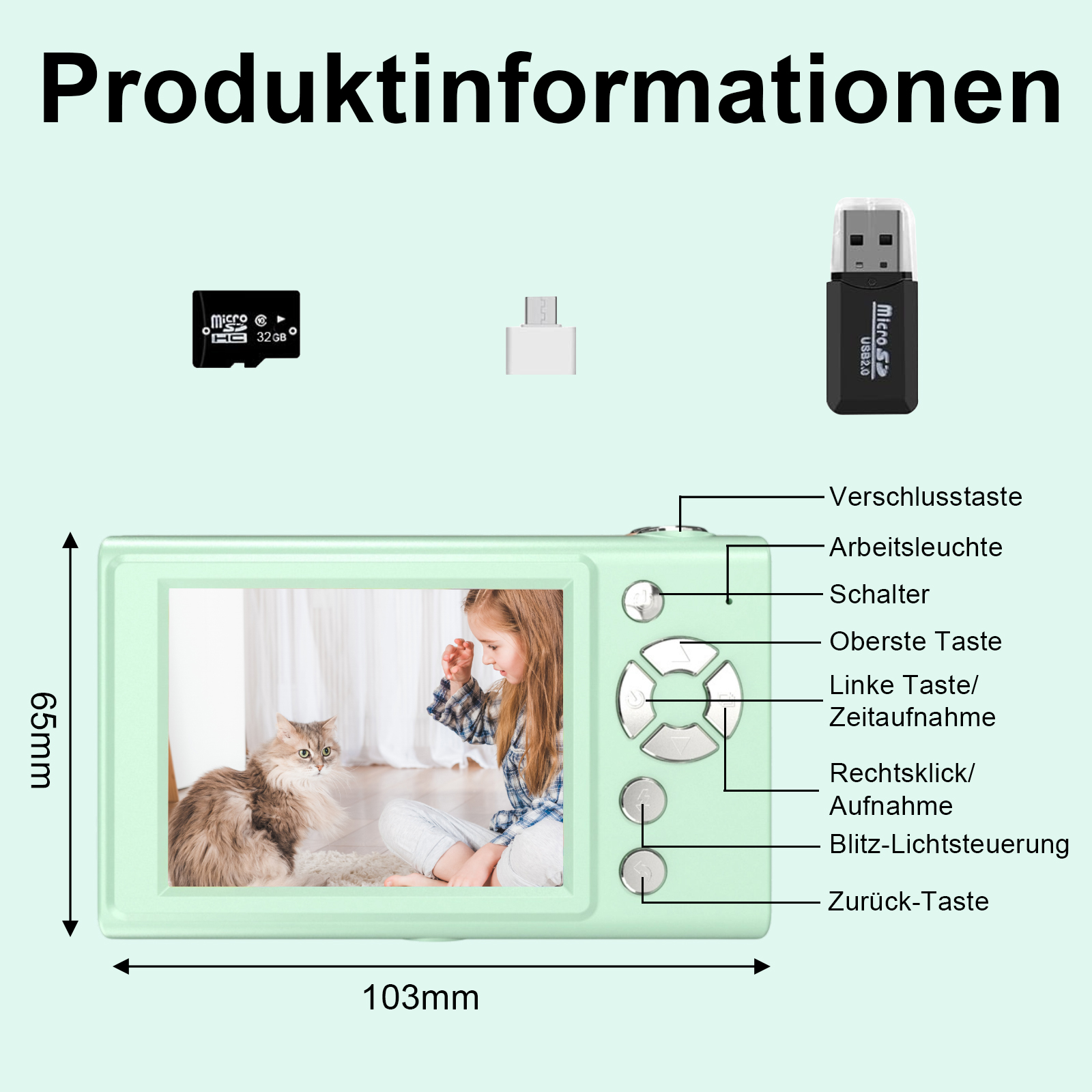 Eine mintgrüne Kamera zeigt ein Mädchen und eine Katze im Inneren. Oben sind ein USB-Laufwerk, eine SD-Karte und ein Adapter.