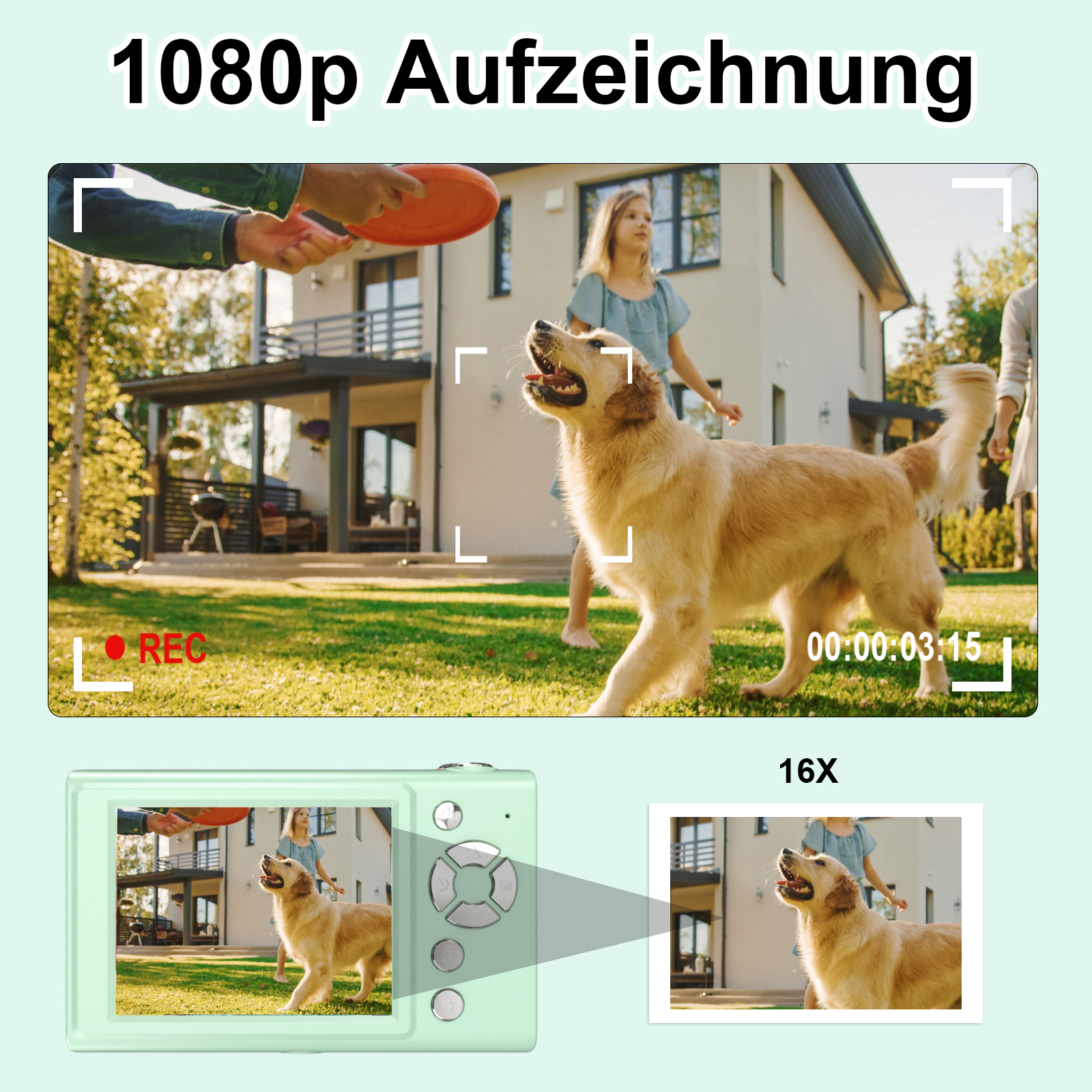 Ein Hund springt nach einer Frisbeescheibe. Ein Mädchen und ein Haus sind im Hintergrund. Die Kamera nimmt auf.