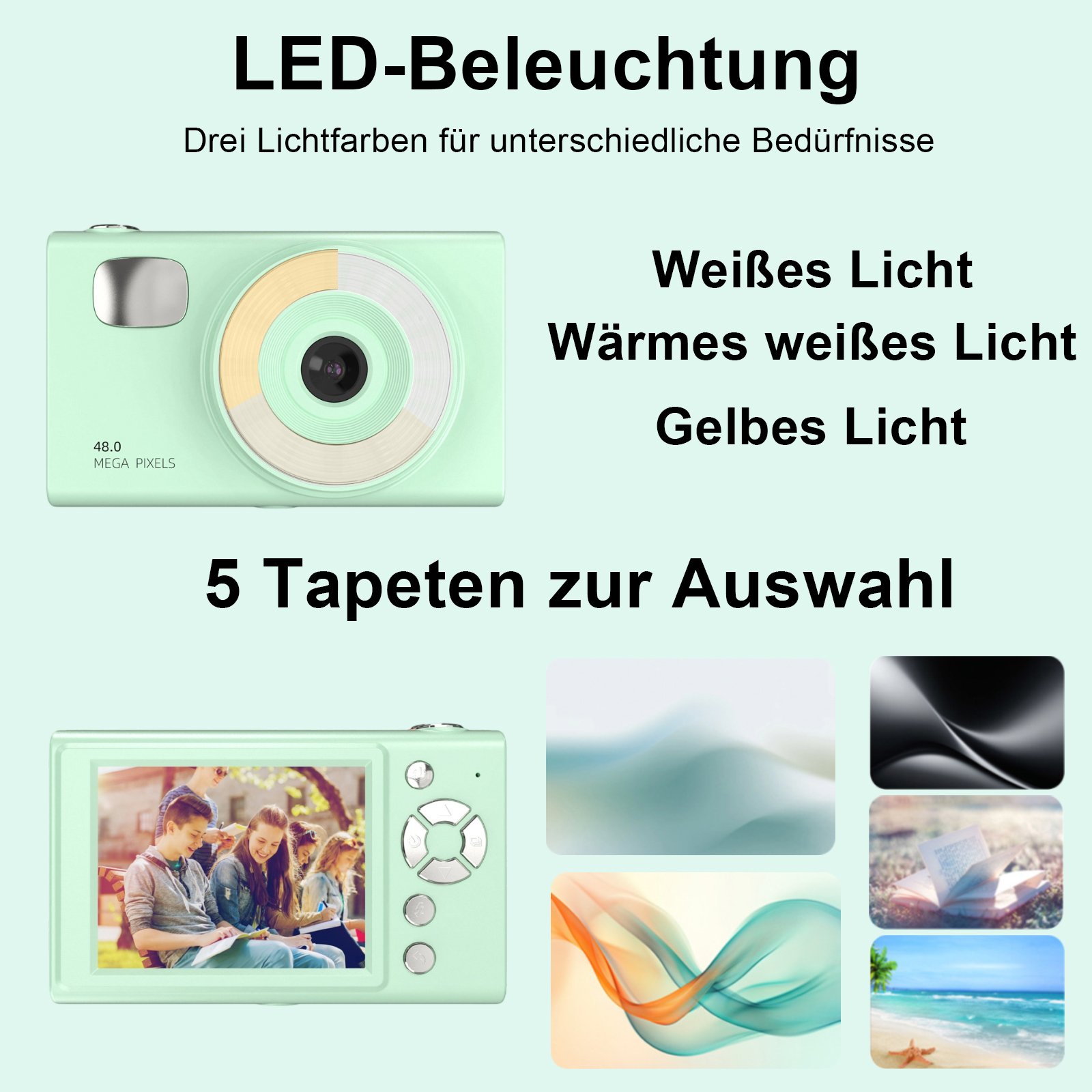 Eine mintgrüne Kamera mit drei Lichtoptionen, einem Bildschirm mit einer Personengruppe und fünf Hintergrundbildoptionen.
