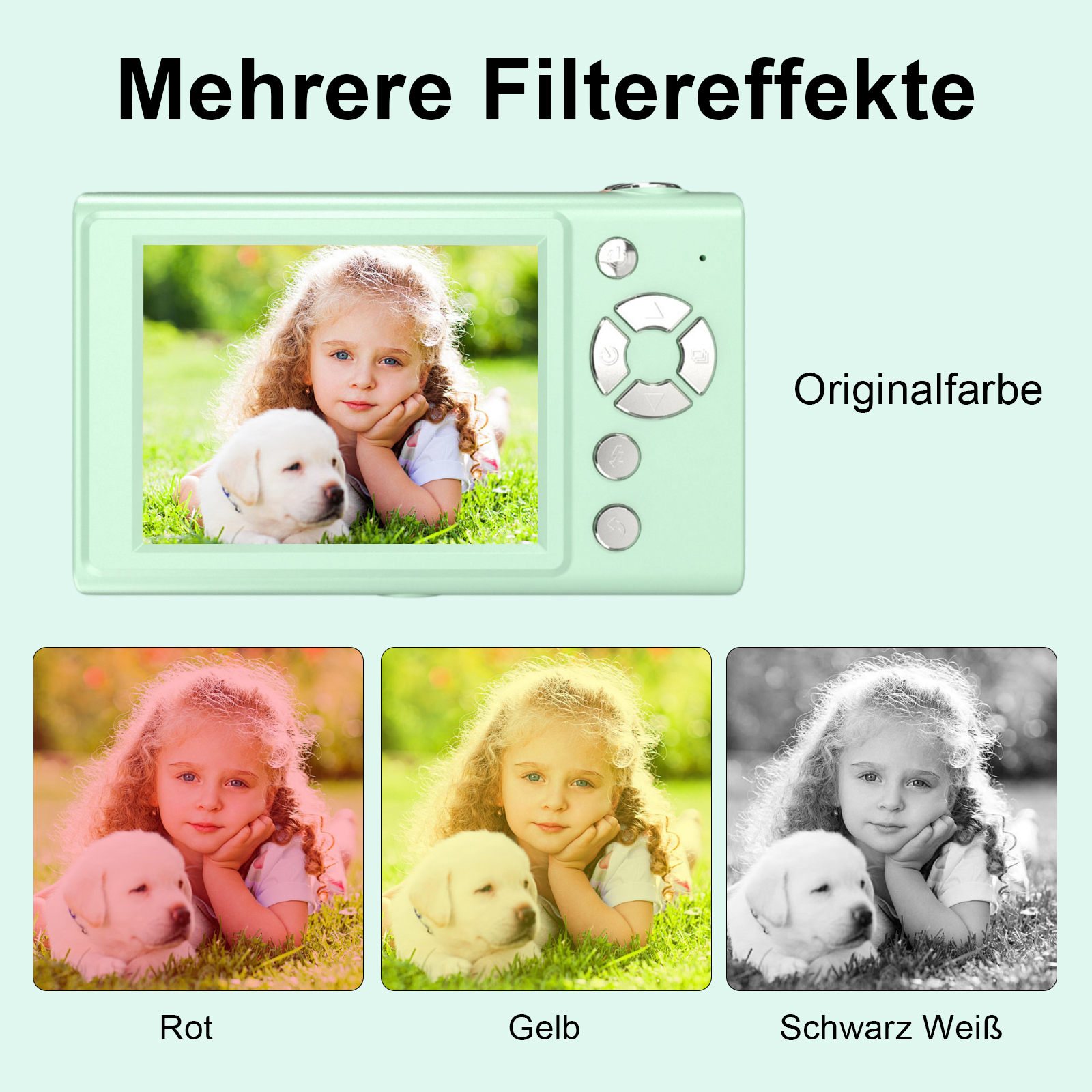 Eine Kamera zeigt ein Mädchen und einen Welpen. Unten sind Rot-, Gelb- und Schwarz-Weiß-Filter auf dasselbe Bild angewendet.