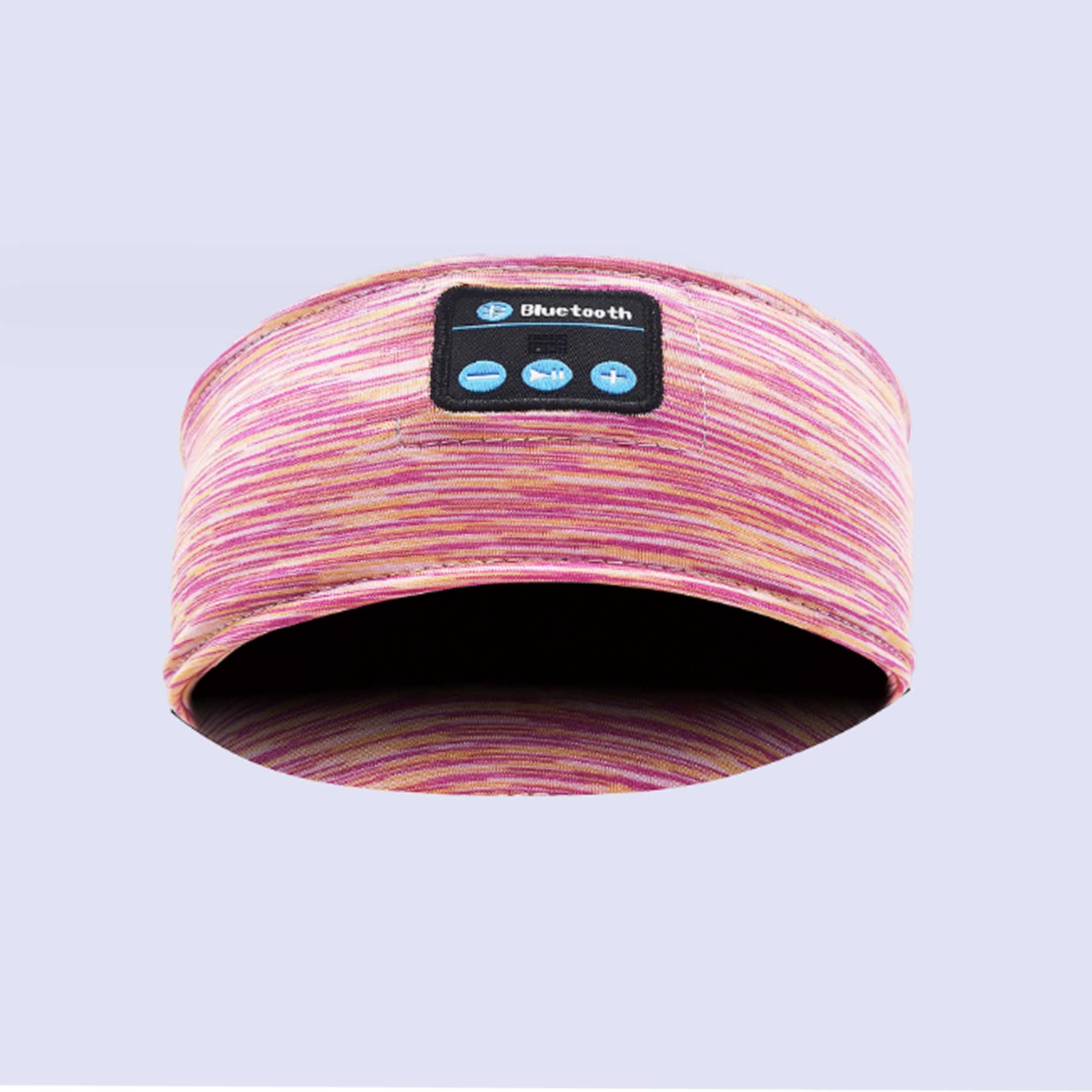 Ein rosa, gelb und weiß gestreiftes Bluetooth-Stirnband. Es hat ein schwarzes Bedienfeld mit drei Tasten und Bluetooth-Symbol.