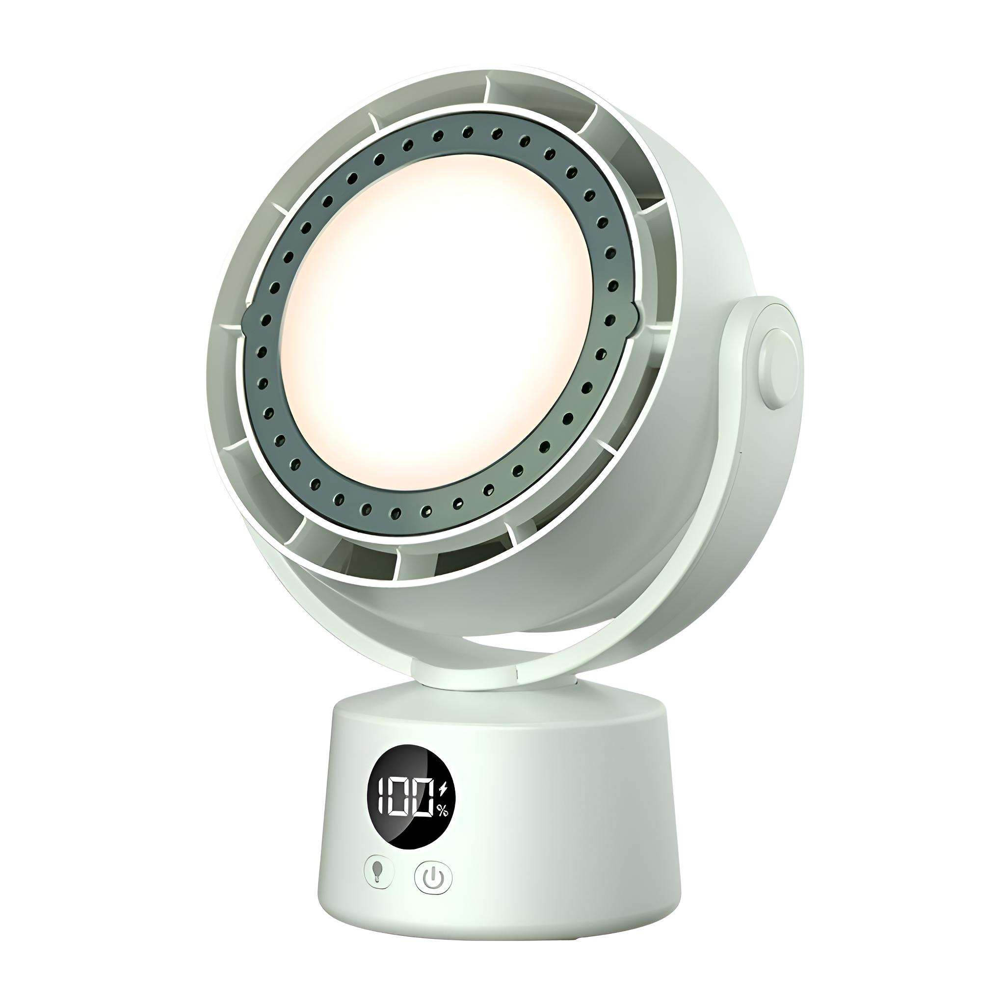 Ein weißer, runder Ventilator mit Digitalanzeige (100%). Er hat einen Ein-/Ausschalter und ein Lichtsymbol.