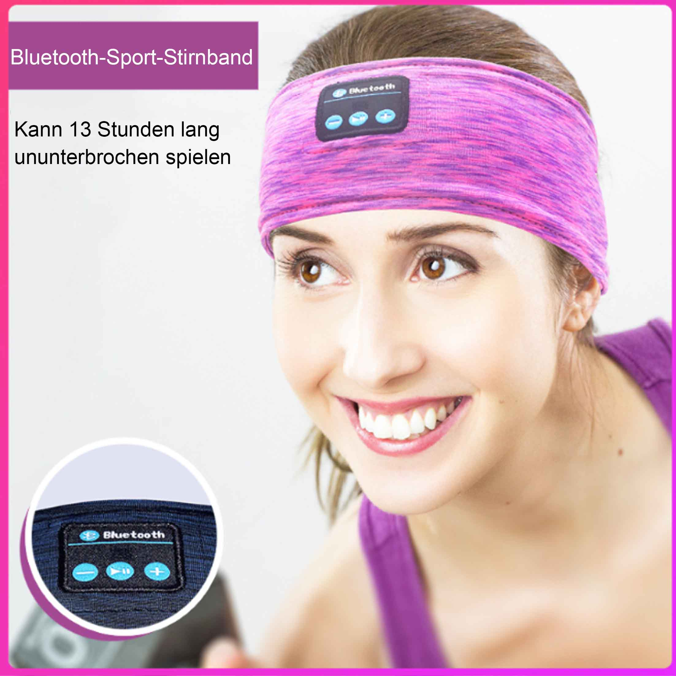 Eine Frau mit pinkem Bluetooth-Stirnband lächelt. Das Stirnband hat Bedienelemente. Text besagt, dass es 13 Stunden spielen kann.
