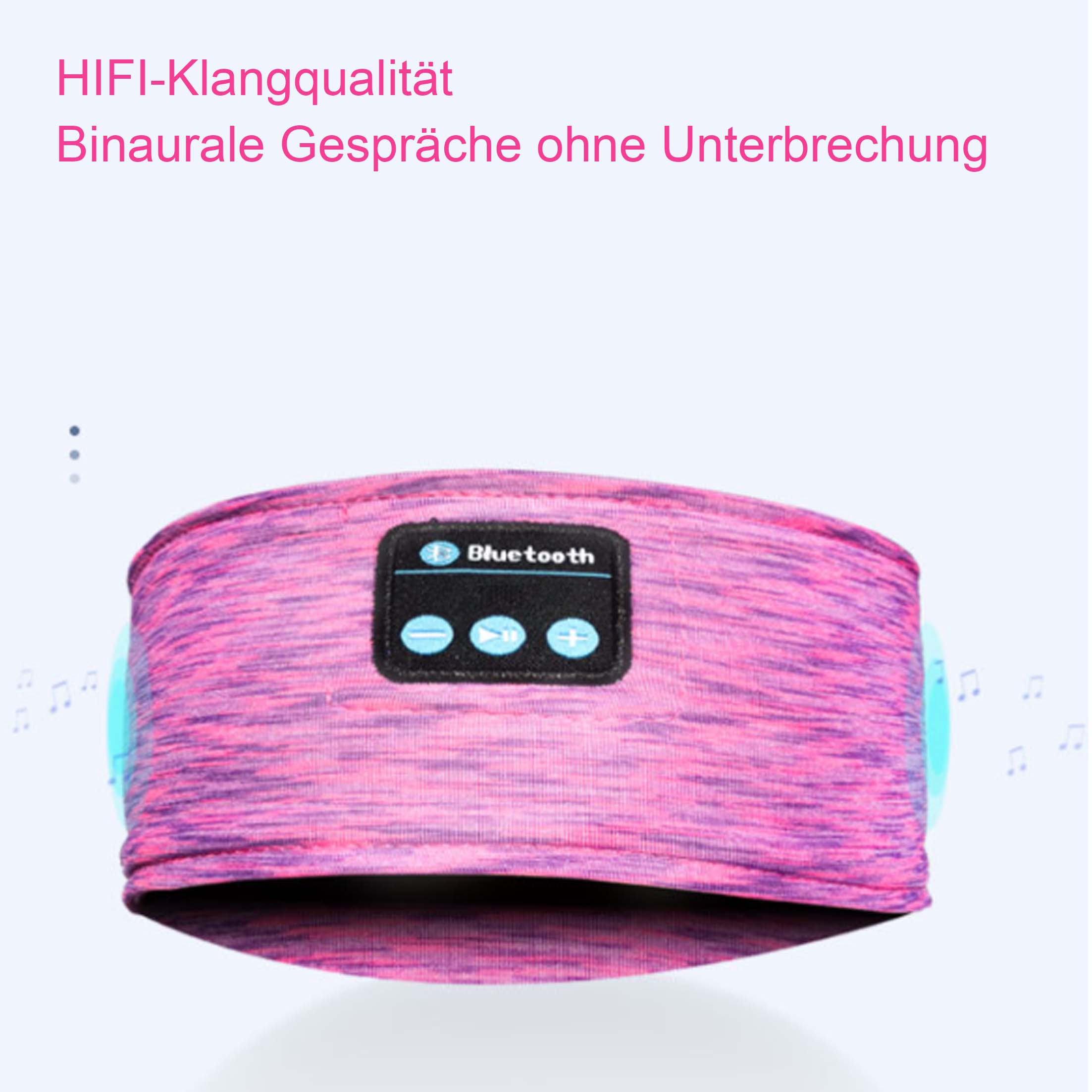 Ein pinkes und lila Stirnband mit Bluetooth-Panel. Noten und Text sind im Hintergrund.