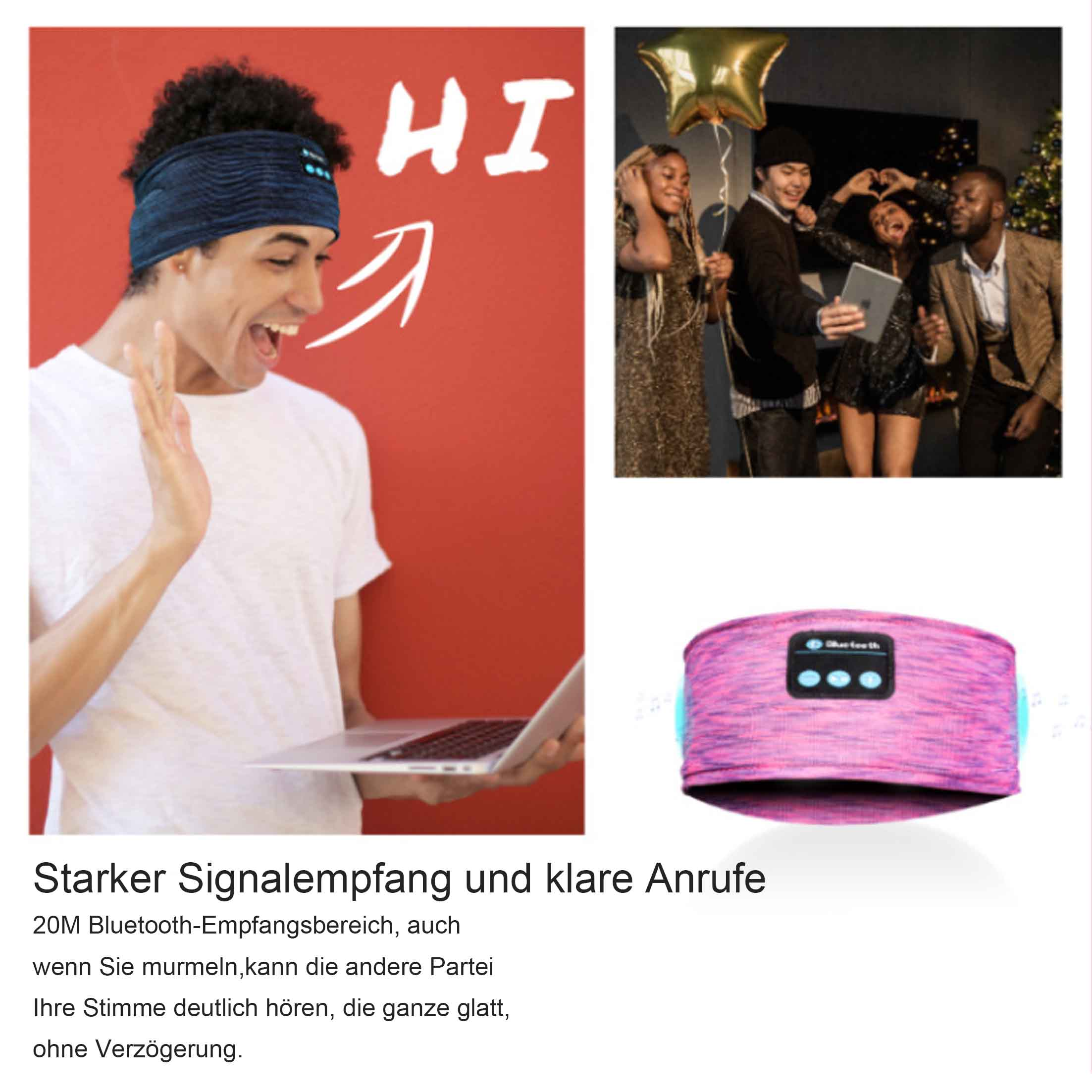 Das Bild zeigt einen Mann mit blauem Stirnband, der lächelt, mit einem Laptop und eine Gruppe von Leuten, die ein Foto machen.