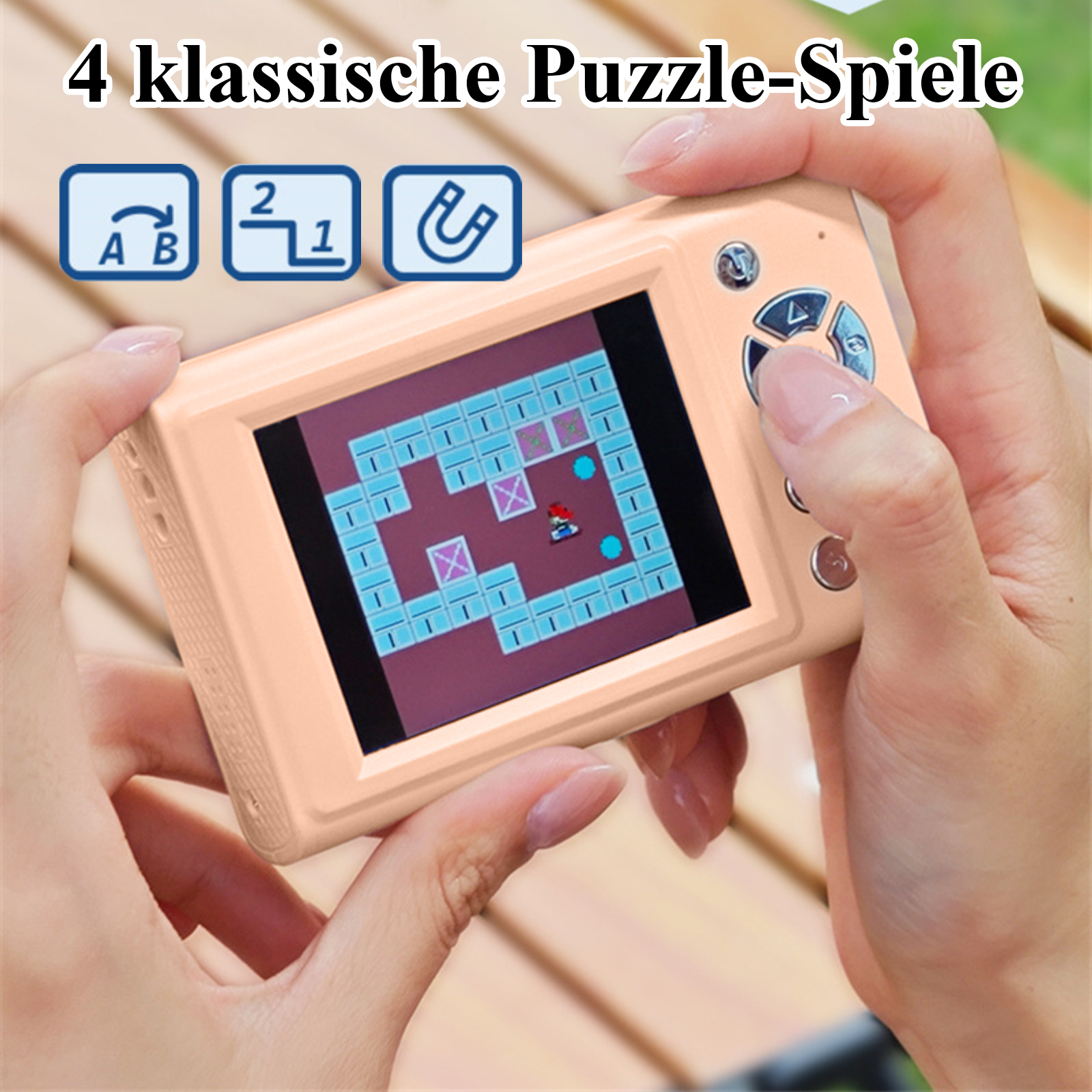 Eine Person hält eine pfirsichfarbene Handheld-Spielkonsole und spielt ein Labyrinthspiel. Der Bildschirm zeigt eine rote Figur.