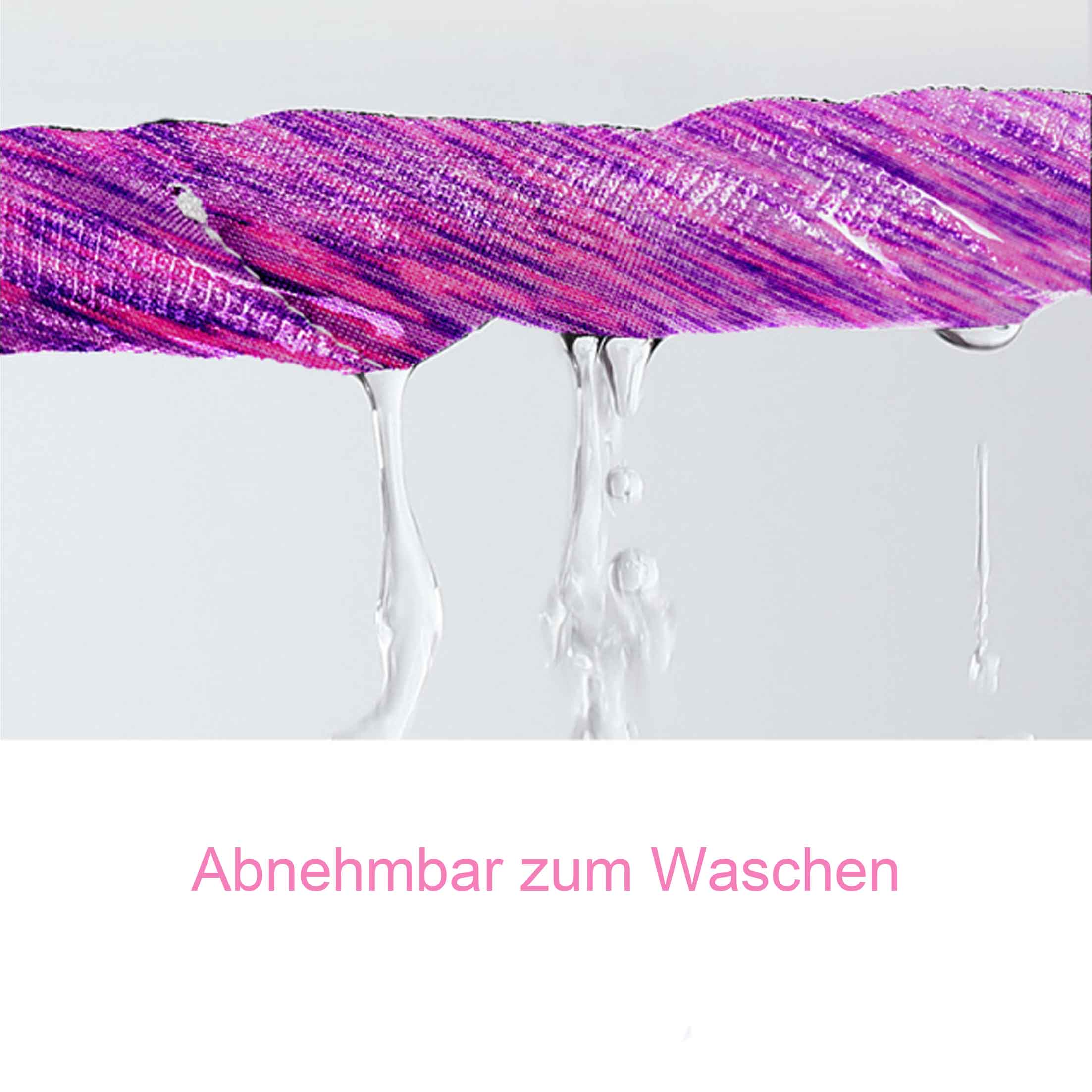 Nahaufnahme von lila Stoff mit fallenden Wassertropfen. Text unten: "Zum Waschen abnehmbar."
