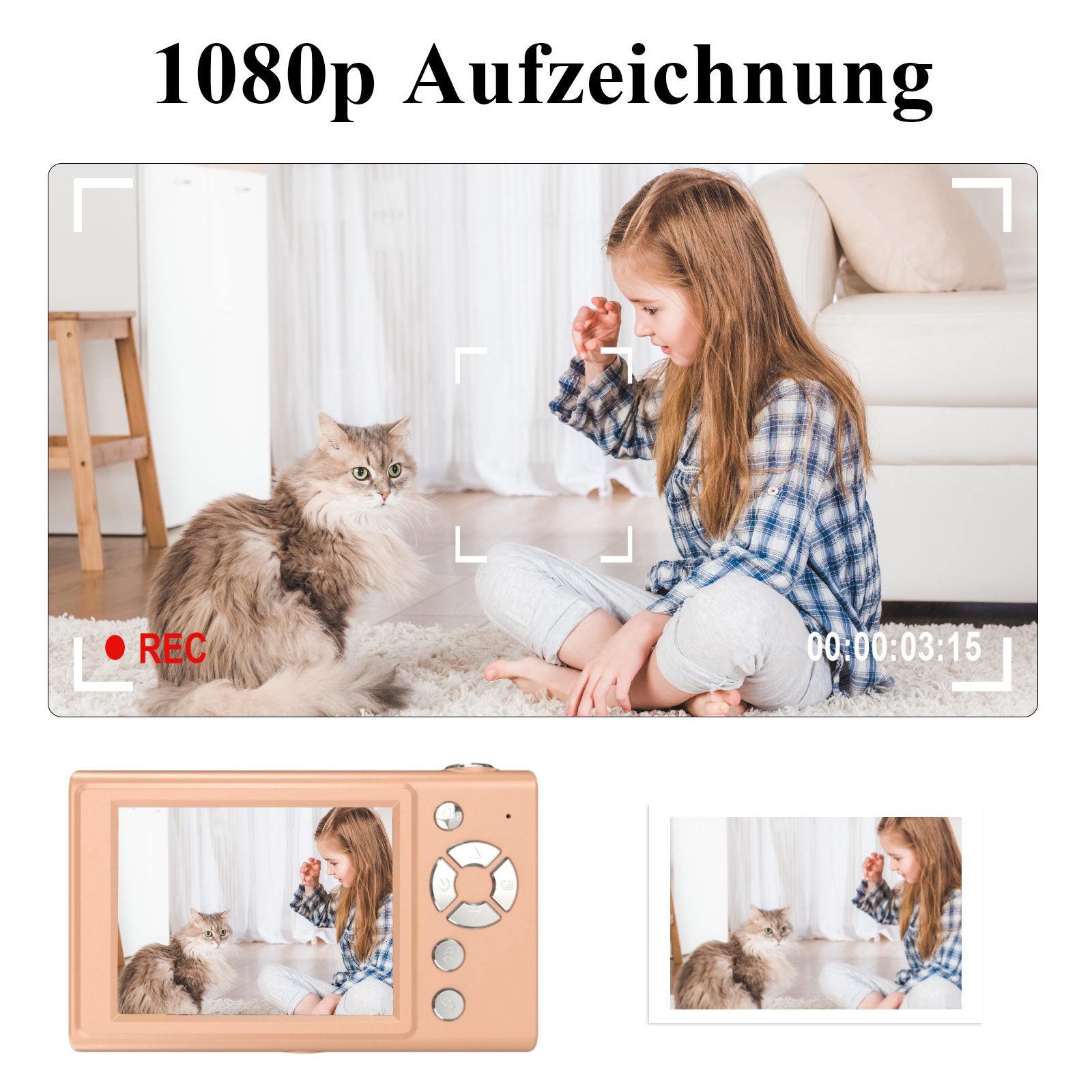 Ein Mädchen im karierten Hemd spielt mit einer Katze auf einem Teppich. Eine Digitalkamera zeigt dieselbe Szene.