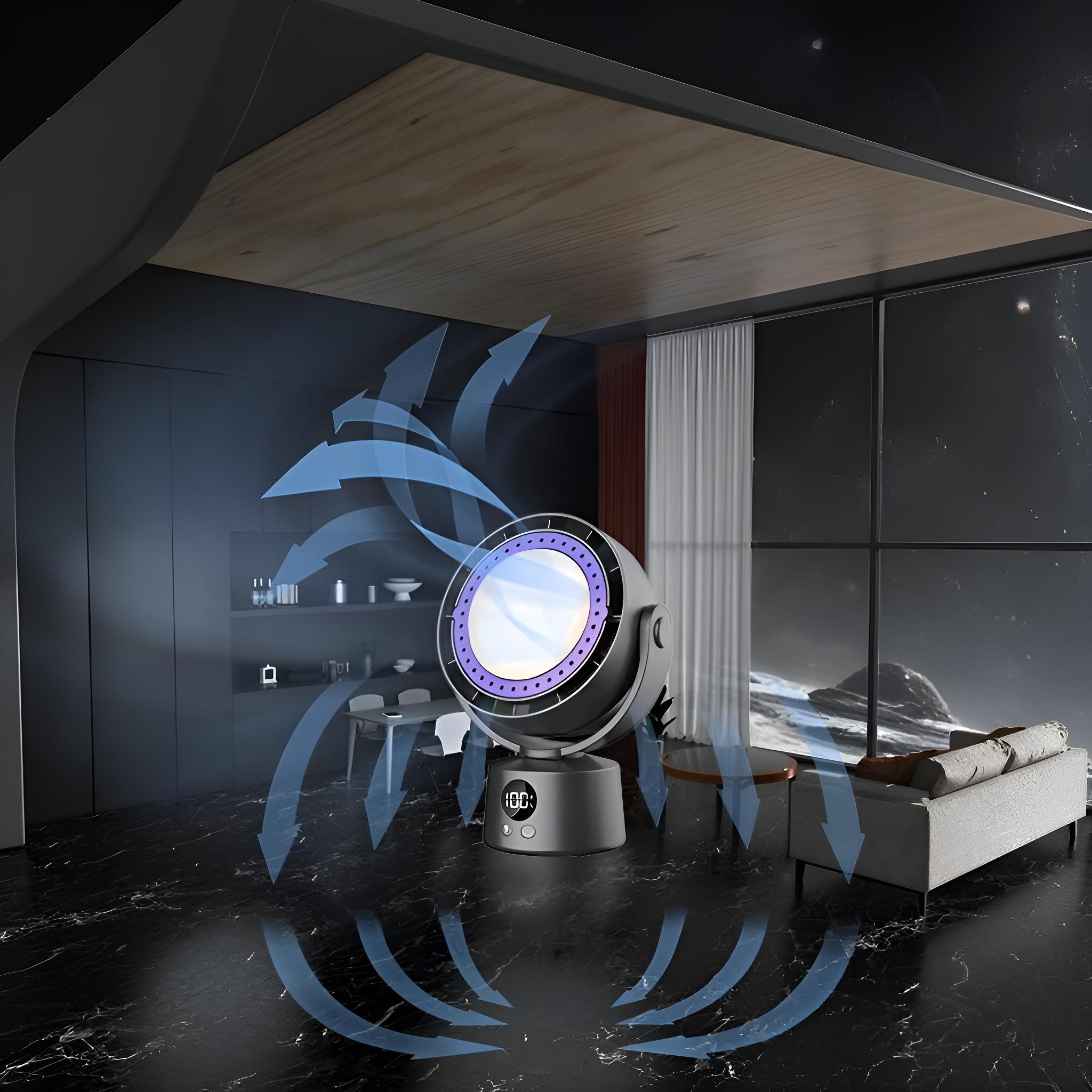 Ein modernes Zimmer mit Ventilator, Sofa und großen Fenstern. Blaue Pfeile zeigen die Luftzirkulation. Schwarz-weißer Marmorboden.