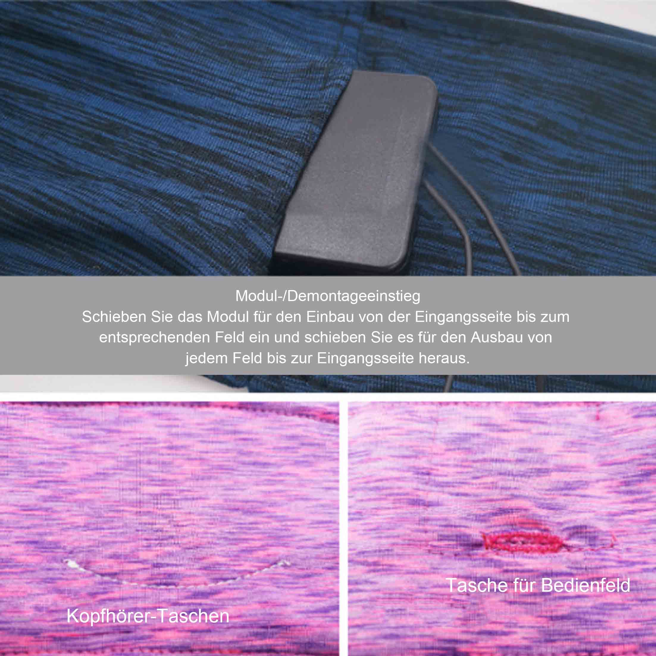 Dunkelblauer Stoff mit grauem Rechteck. Darunter rosa Stoffe, einer mit Loch, beschriftet 'Kopfhörertaschen'.