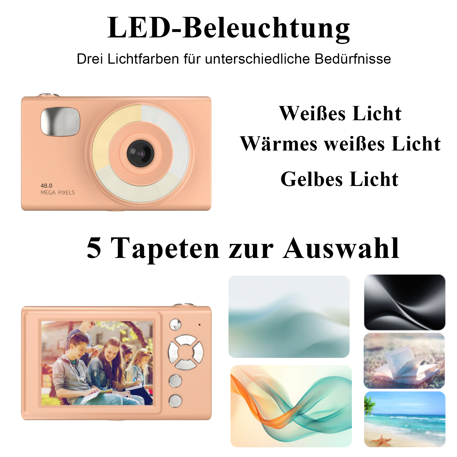 Eine pfirsichfarbene Digitalkamera mit drei Lichteinstellungen. Darunter fünf Tapetenoptionen. Text lautet: 'LED-Beleuchtung'.