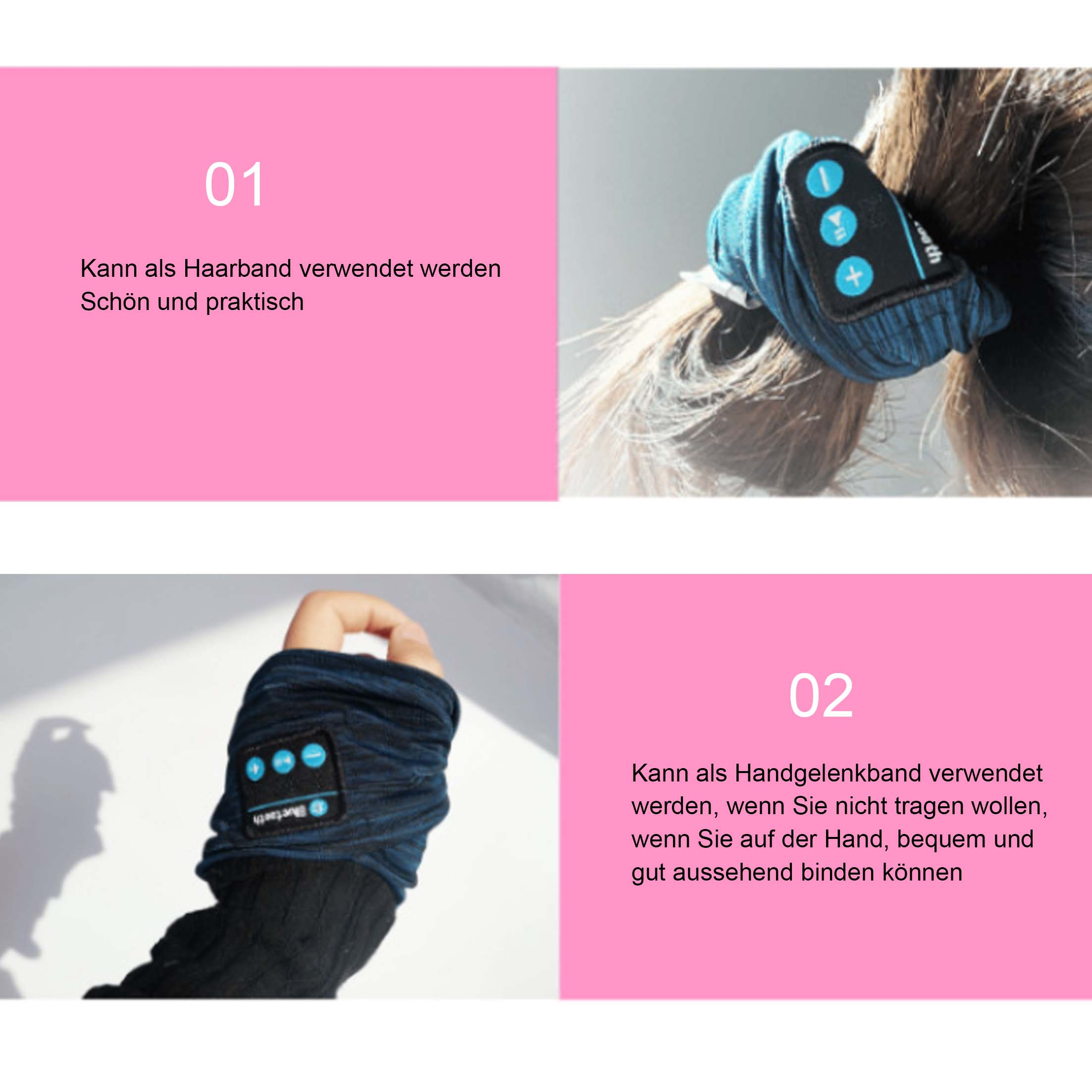 Das Bild zeigt ein blaues Stirnband mit Knöpfen und einen ähnlichen Artikel am Handgelenk. Text auf Deutsch beschreibt seine Verwendung.
