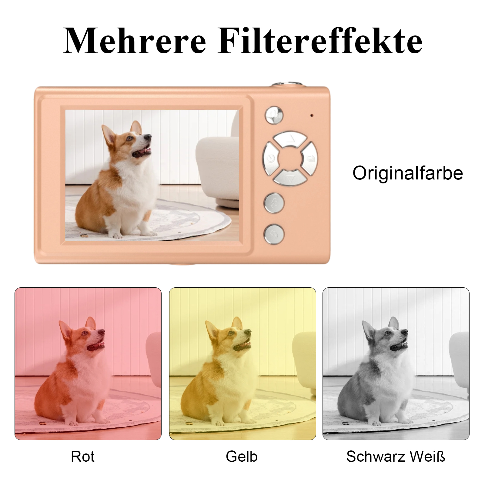 Eine Digitalkamera zeigt einen Corgi, mit Farbfilteroptionen unten: rot, gelb und schwarzweiß. Die Kamera ist pfirsichfarben.