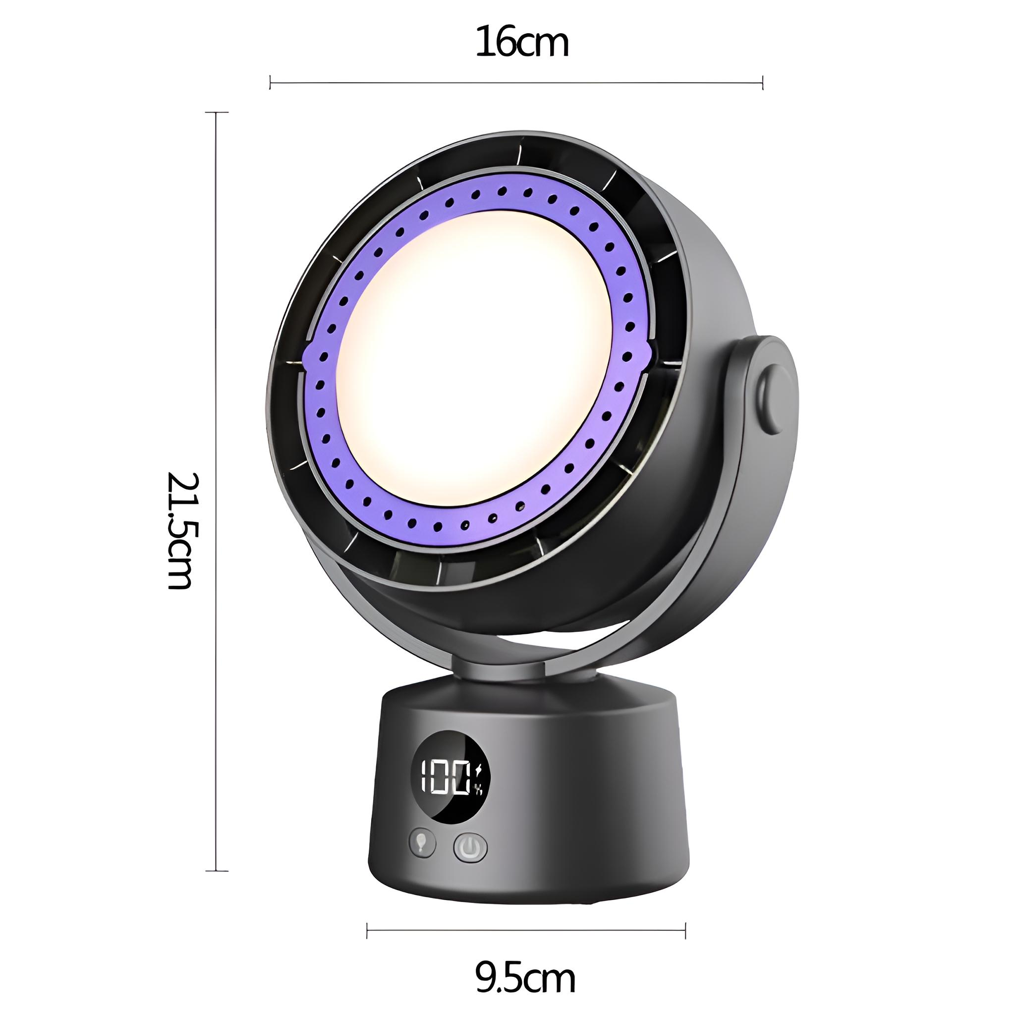 Eine graue Schreibtischlampe mit rundem Kopf, lila Innenraum und digitaler Anzeige am Sockel. Abmessungen angegeben.