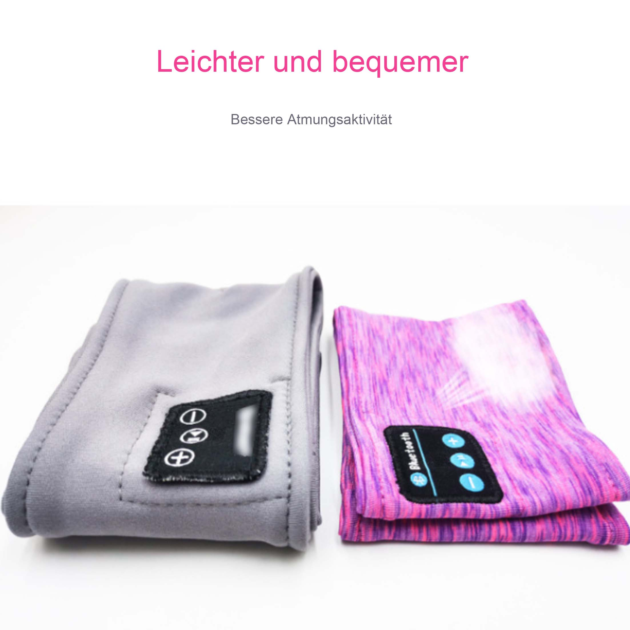 Zwei Stirnbänder, eines grau mit Knöpfen, eines rosa mit Bluetooth-Bedienelementen, auf Weiß. Text oben lautet 'leichter und bequemer'.