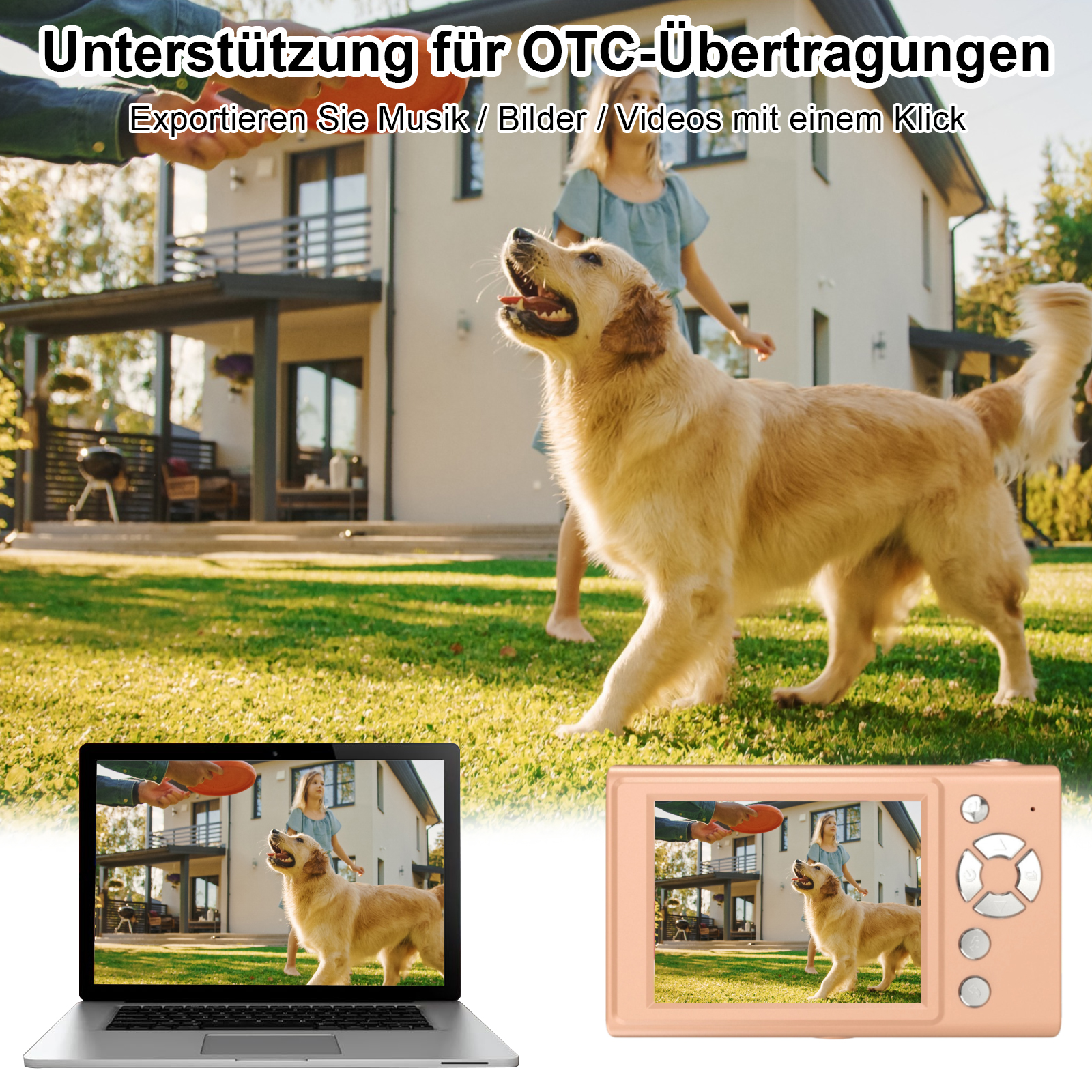 Eine Frau und ein Hund im Garten. Der Hund fängt eine Frisbeescheibe. Im Hintergrund ist ein Haus zu sehen.