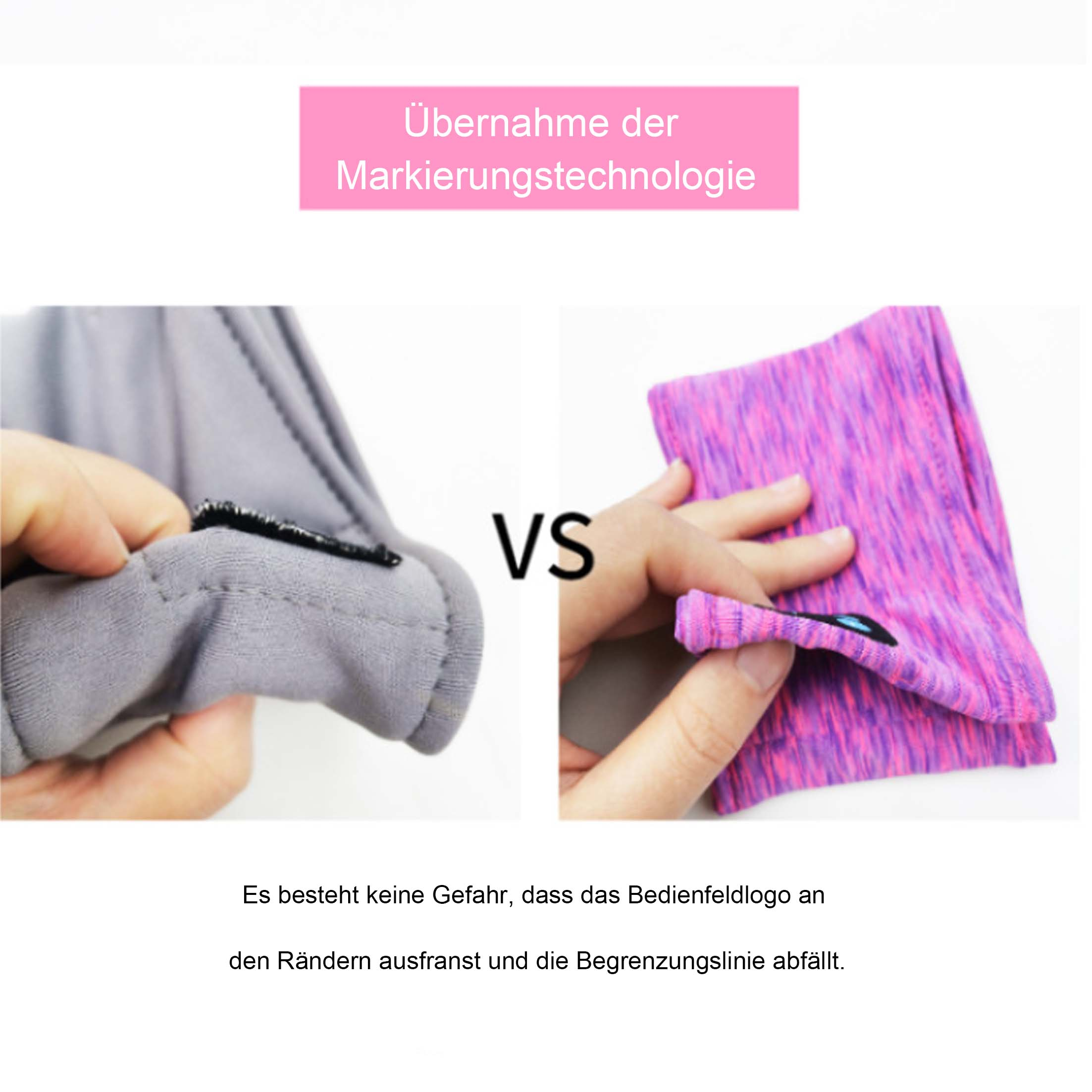 Bild zeigt zwei Stirnbänder. Eines grau, eines rosa. Hände halten jedes, beschriftet mit VS. Text oben. Unterer Text über das Logo.