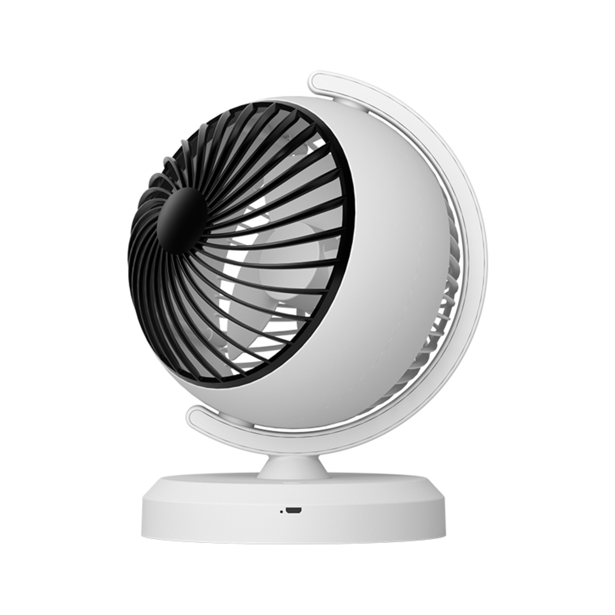 Ein weißer und schwarzer Schreibtischventilator. Der Ventilator hat ein abgerundetes Design mit schwarzem Schutzgitter und Flügeln. Er steht auf einem weißen Sockel.